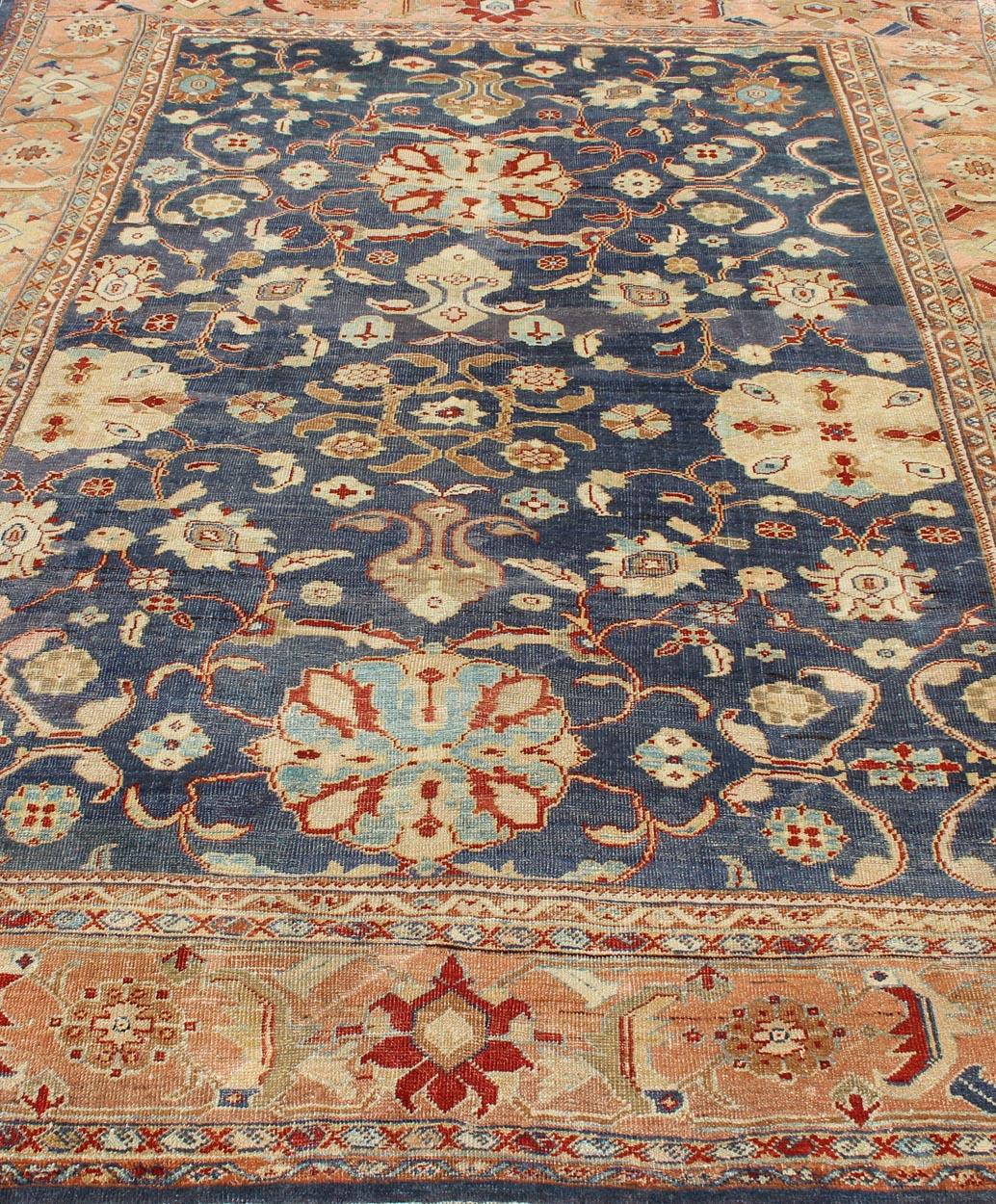 Antique Sultanabad Ziegler Persian Rug with Purple Blue Background & Soft Coral  For Sale 3