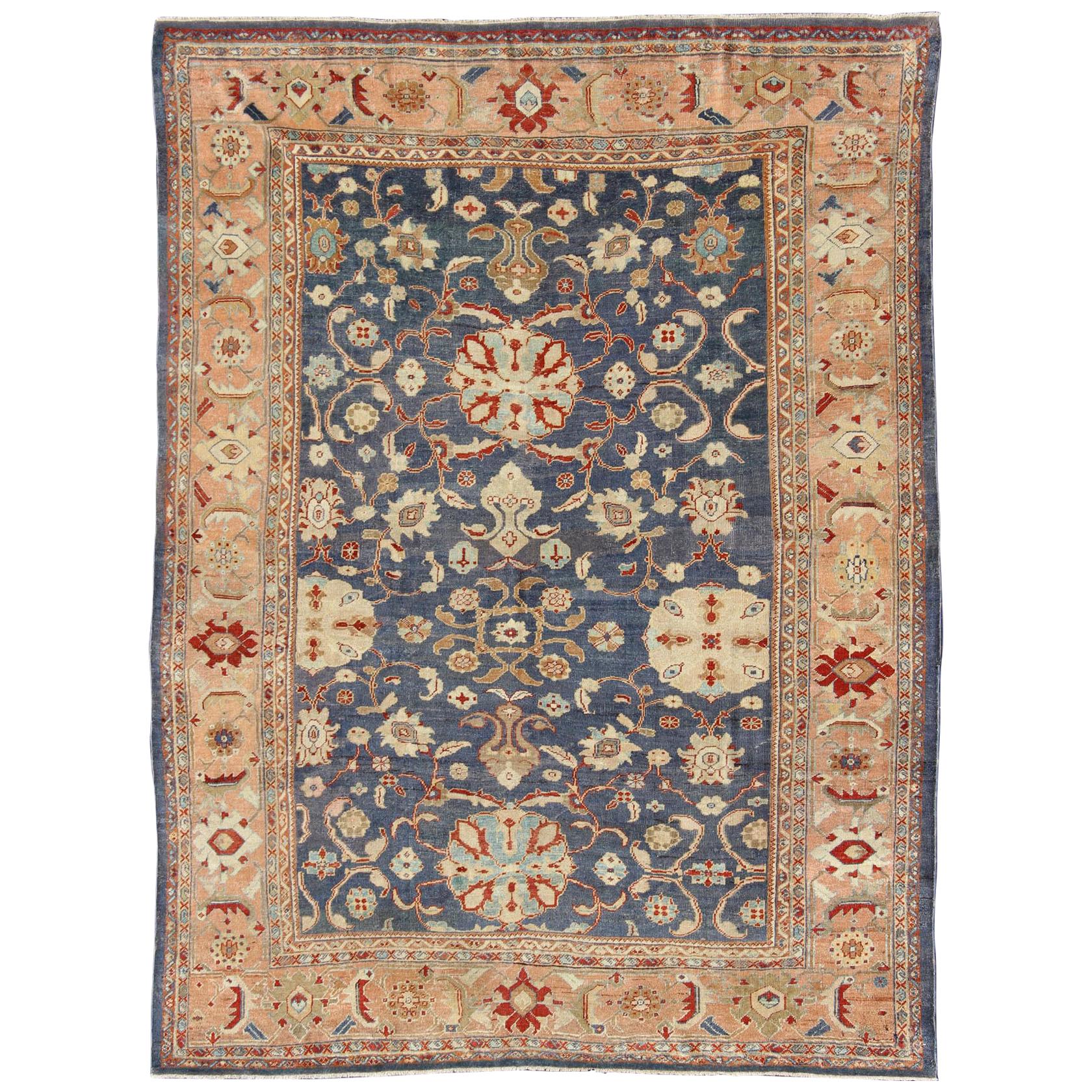 Antique Sultanabad Ziegler Persian Rug with Purple Blue Background & Soft Coral  For Sale