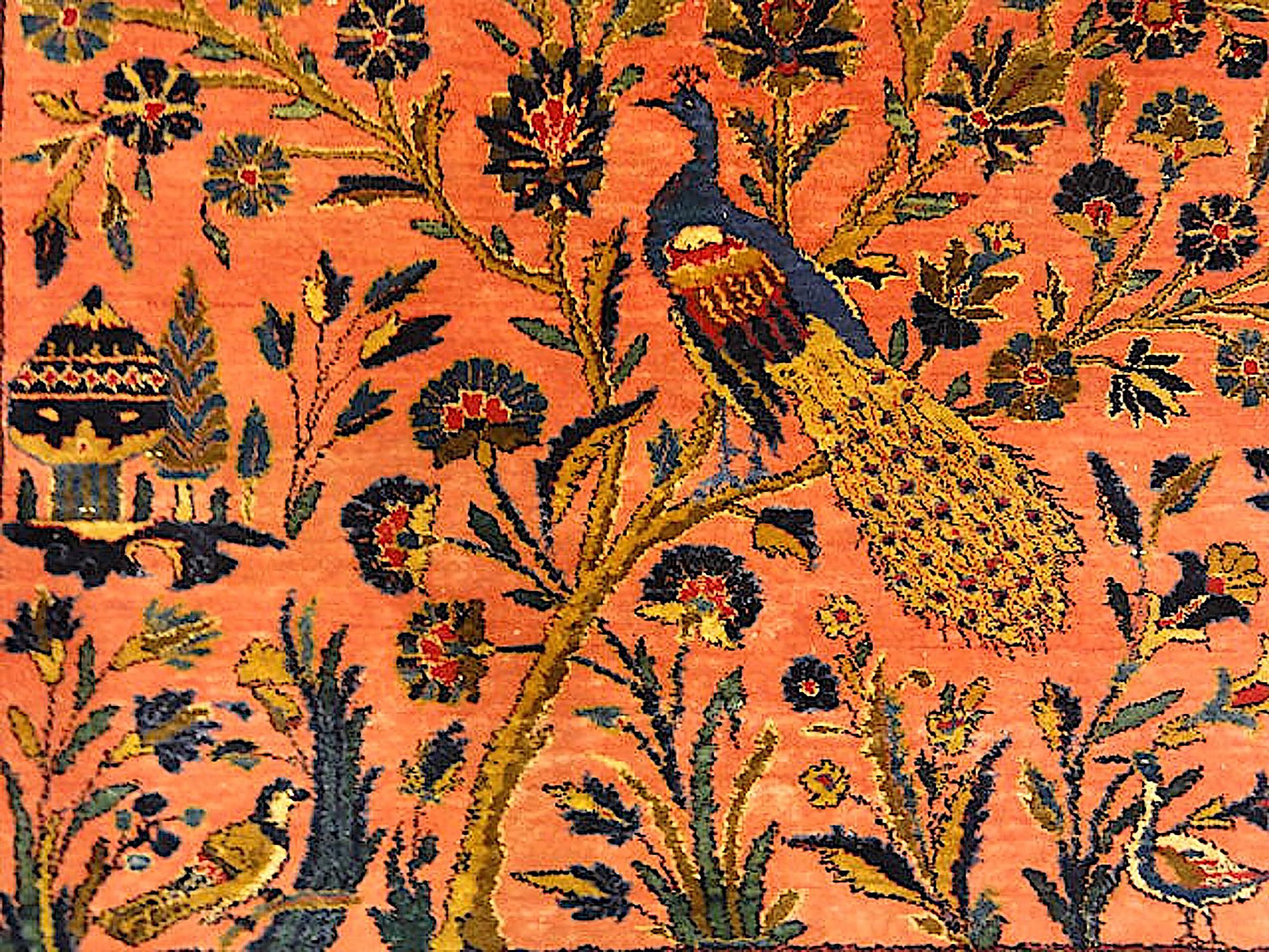 Questo antico tappeto da meditazione in seta con testa di sultano: Giardino del Paradiso - 3'4