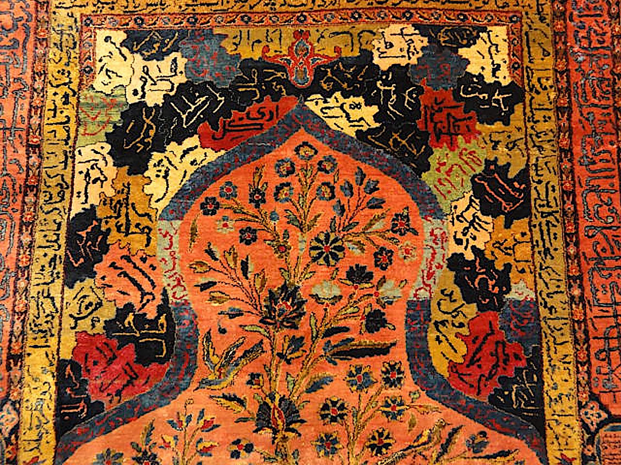 Lana Antico tappeto da meditazione in seta Kashan con testa di sultano Giardino del Paradiso in vendita