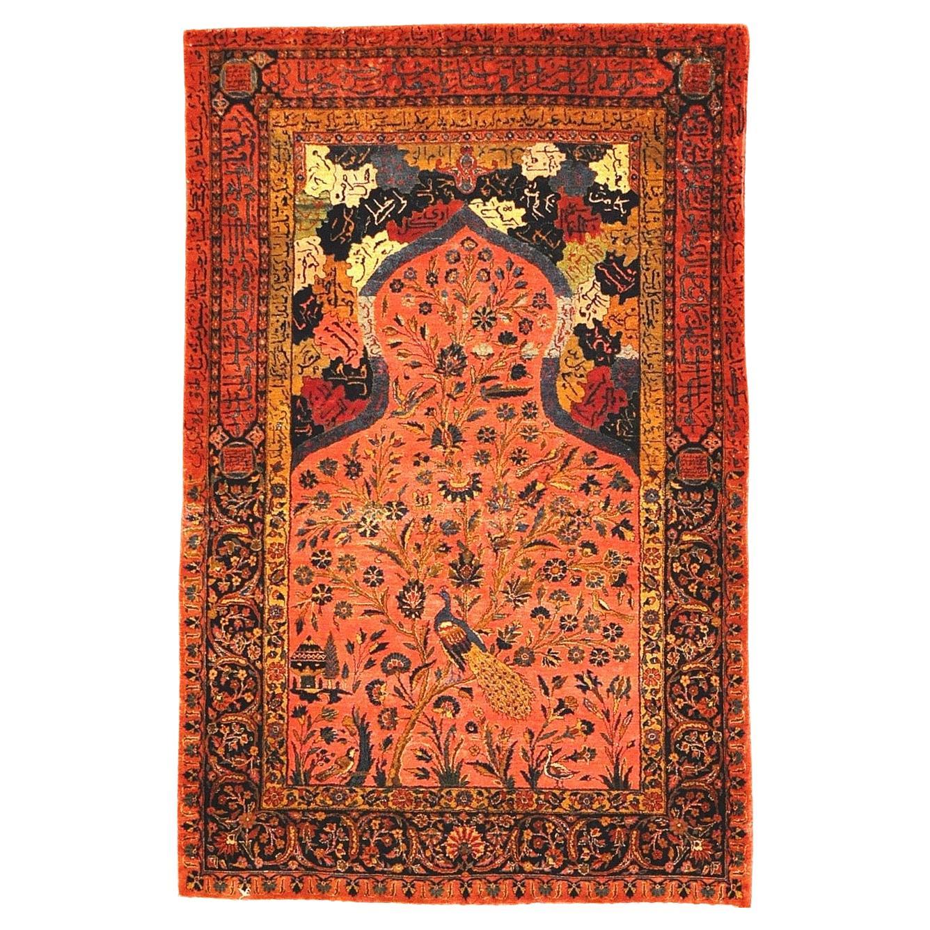 Antico tappeto da meditazione in seta Kashan con testa di sultano Giardino del Paradiso in vendita