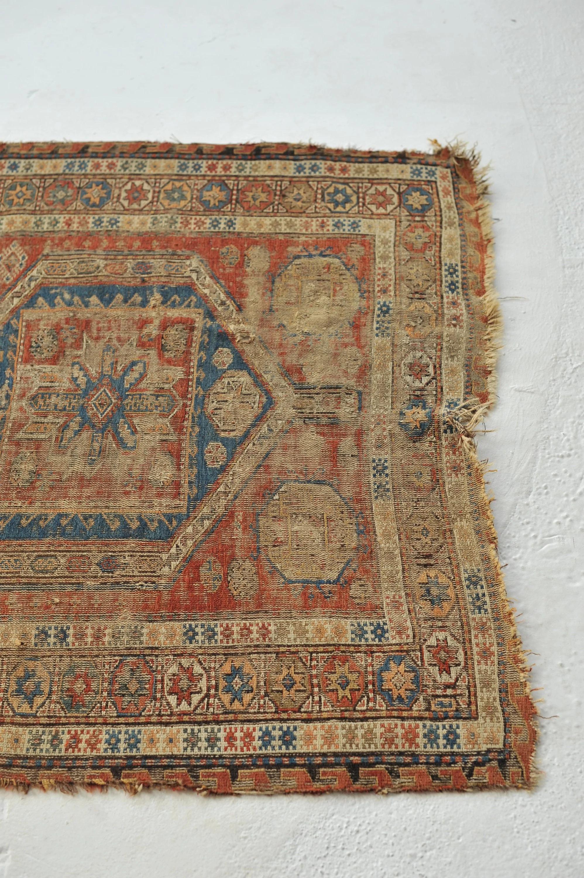 Antique Sumac Character-Rich Rug, c.1900's In Distressed Condition For Sale In Milwaukee, WI