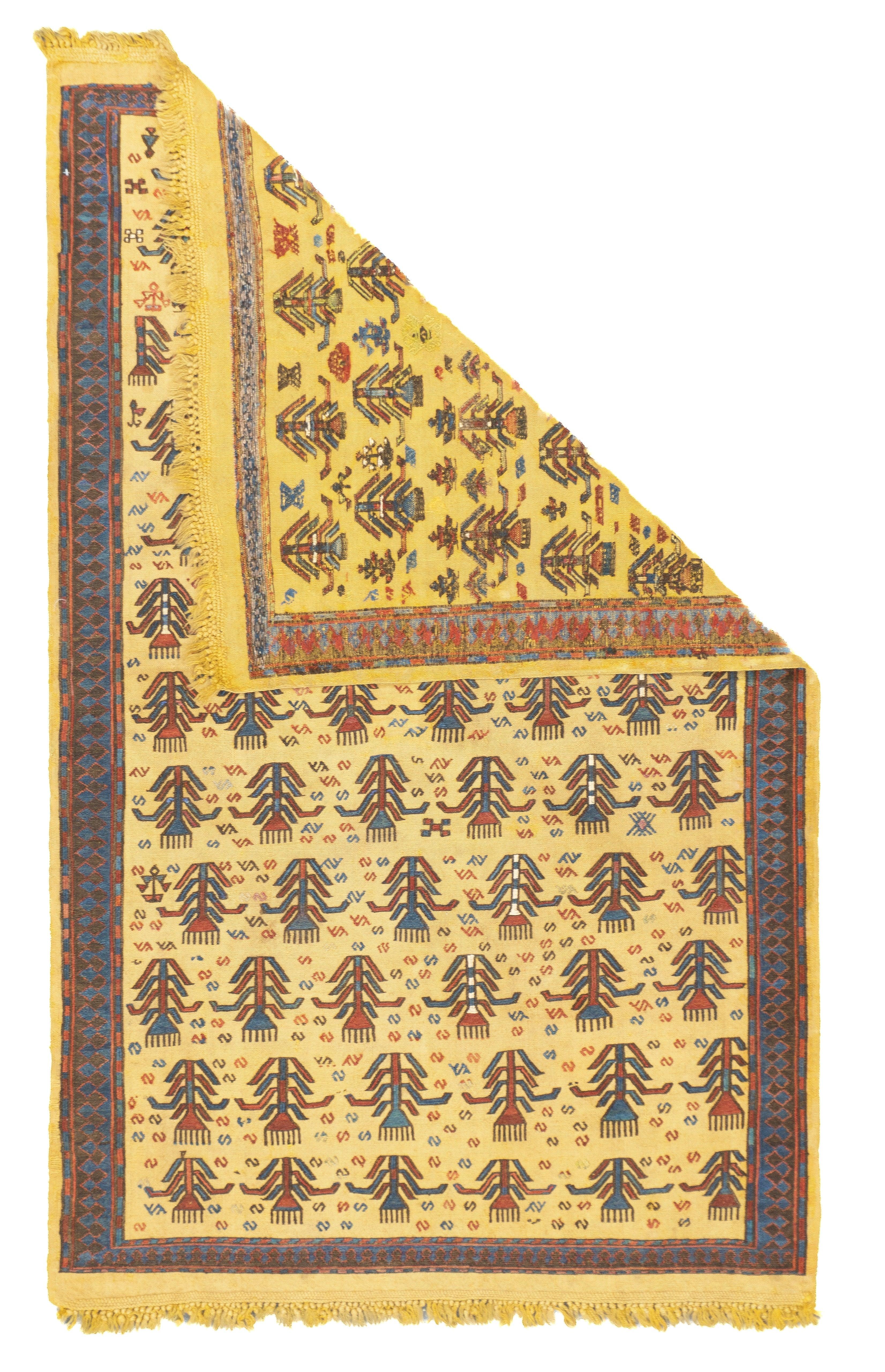 Antique Sumak Rug 3'4'' x 5'4''. This mixed technique, Sumak and plain weave scatter shows 12 offset rows of raised flowers on a straw-yellow ground, with a seme of tiny lazy S's round about. Main narrow bitonal border with keyhole reciprocal