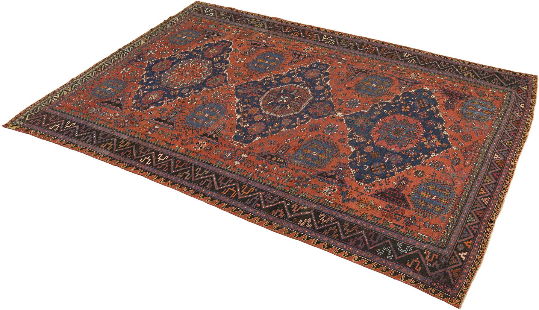 Azerbaïdjanais Tapis antique Sumakh, tissé à la main, 11.4 × 8.7 ft - Terracotta, Navy et Blue en vente