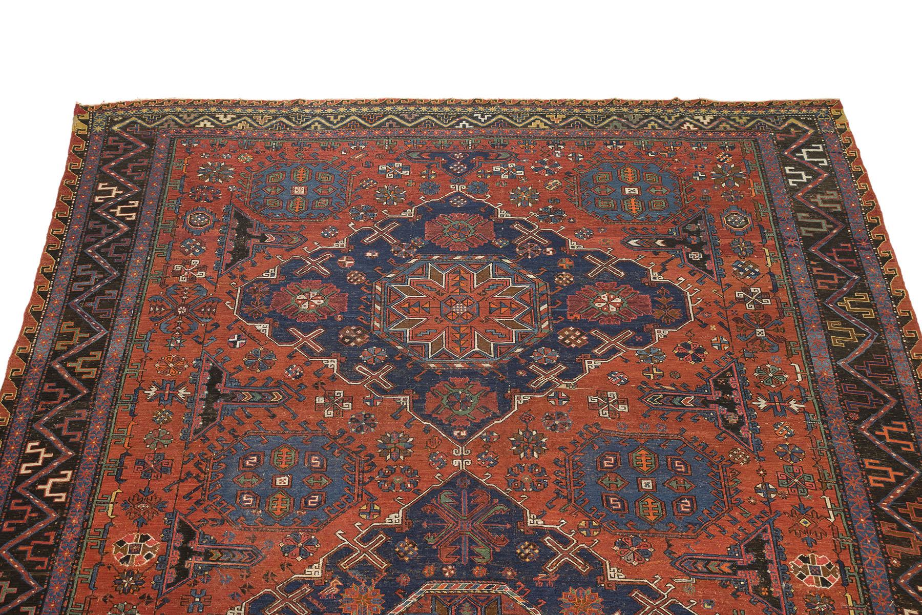 Noué à la main Tapis antique Sumakh, tissé à la main, 11.4 × 8.7 ft - Terracotta, Navy et Blue en vente