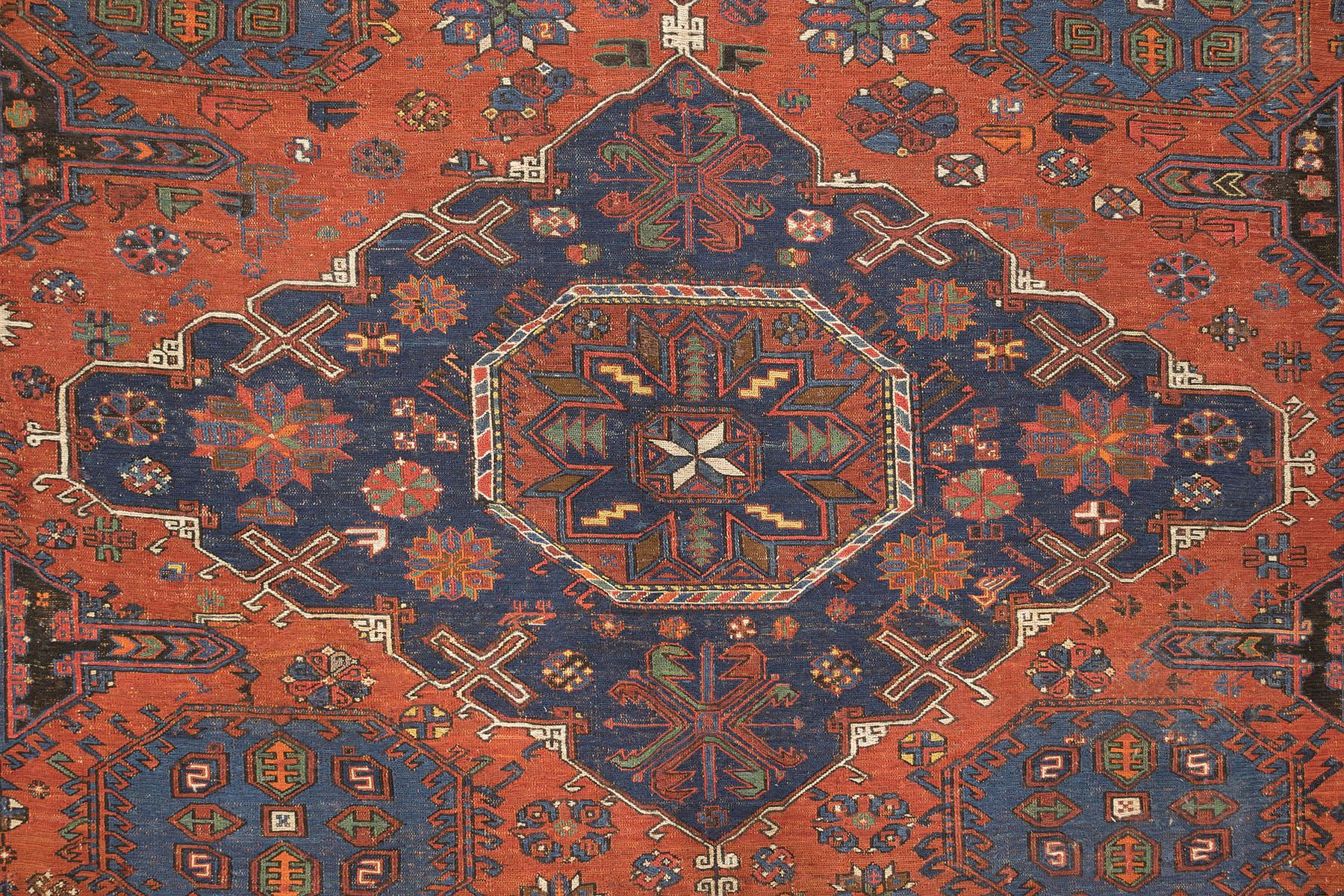 Tapis antique Sumakh, tissé à la main, 11.4 × 8.7 ft - Terracotta, Navy et Blue Bon état - En vente à North Bergen, NJ