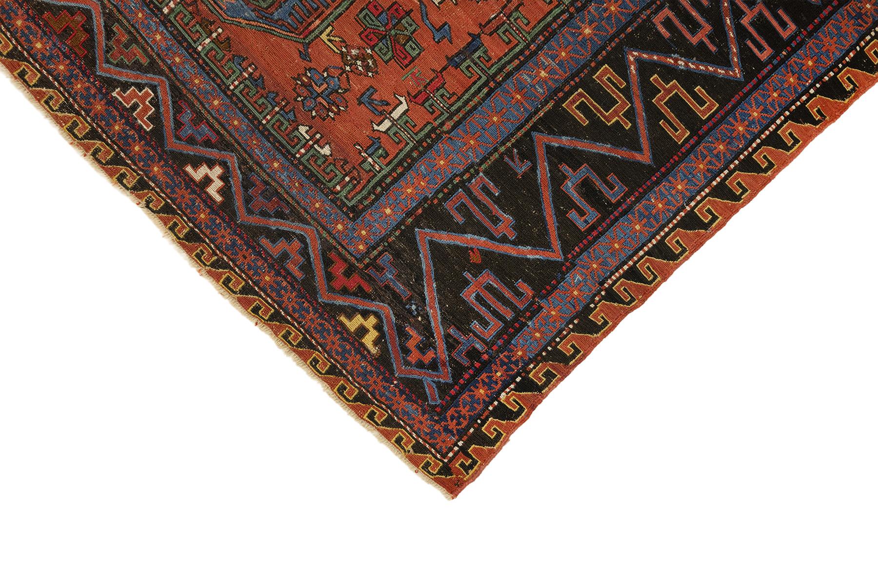 Début du 20ème siècle Tapis antique Sumakh, tissé à la main, 11.4 × 8.7 ft - Terracotta, Navy et Blue en vente