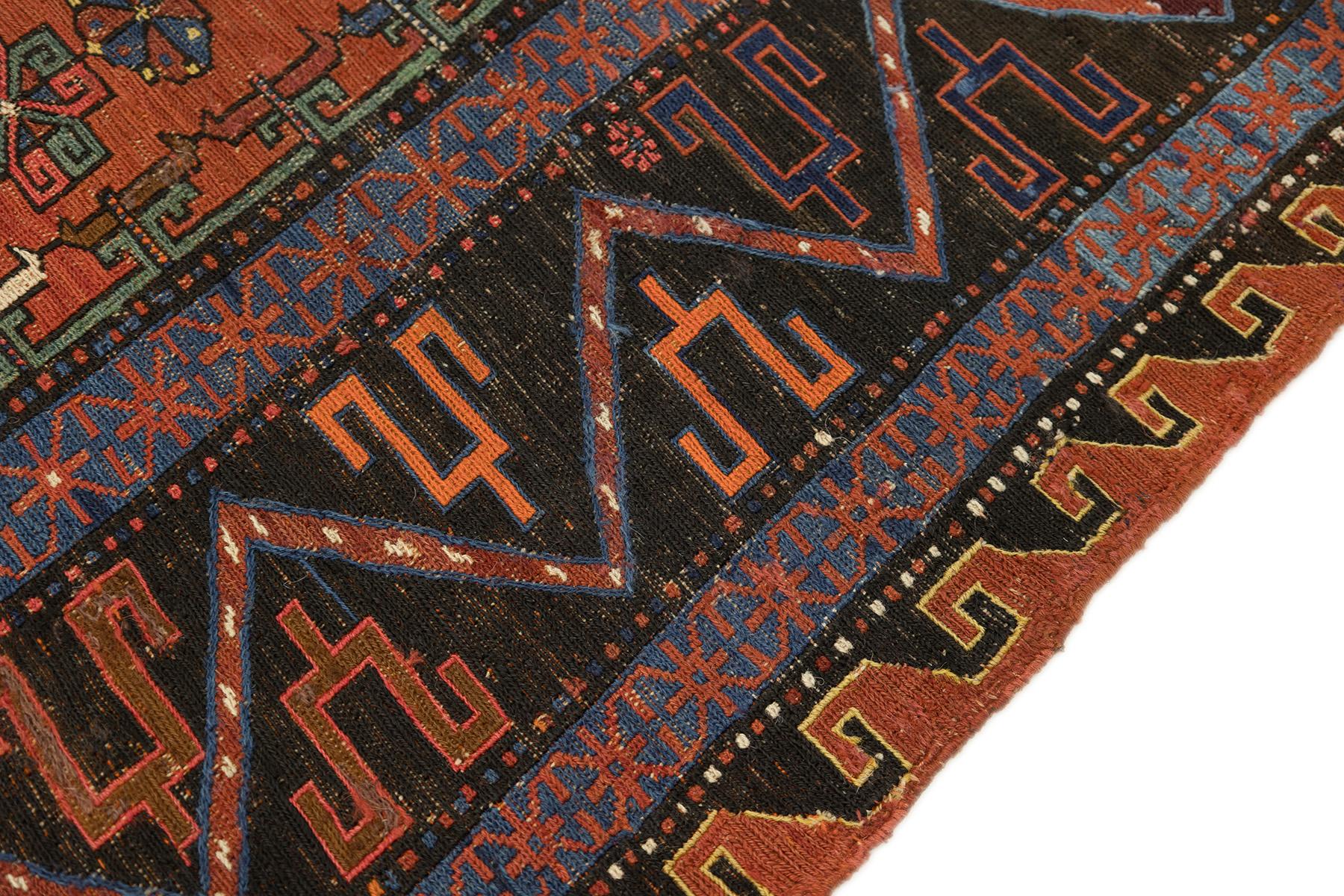 Laine Tapis antique Sumakh, tissé à la main, 11.4 × 8.7 ft - Terracotta, Navy et Blue en vente