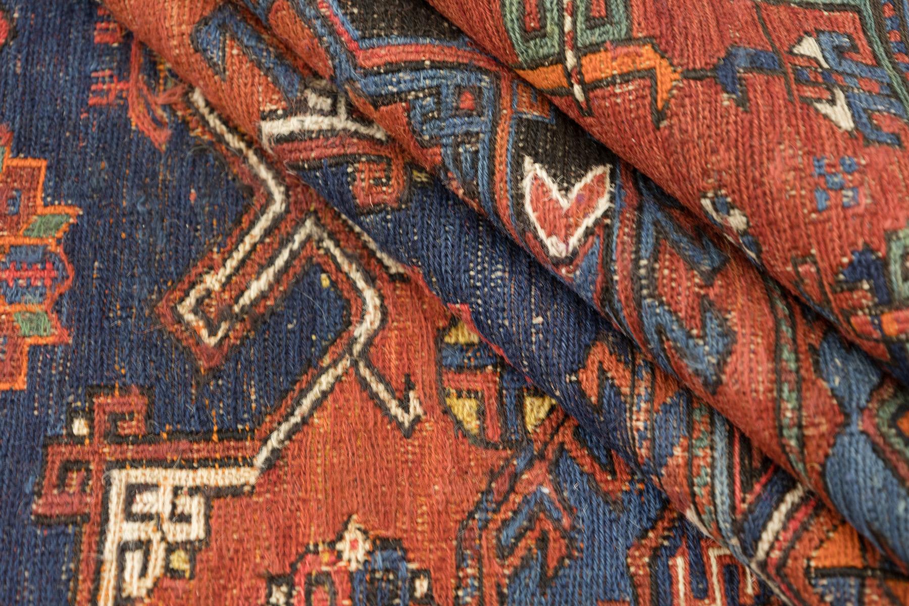 Tapis antique Sumakh, tissé à la main, 11.4 × 8.7 ft - Terracotta, Navy et Blue en vente 1