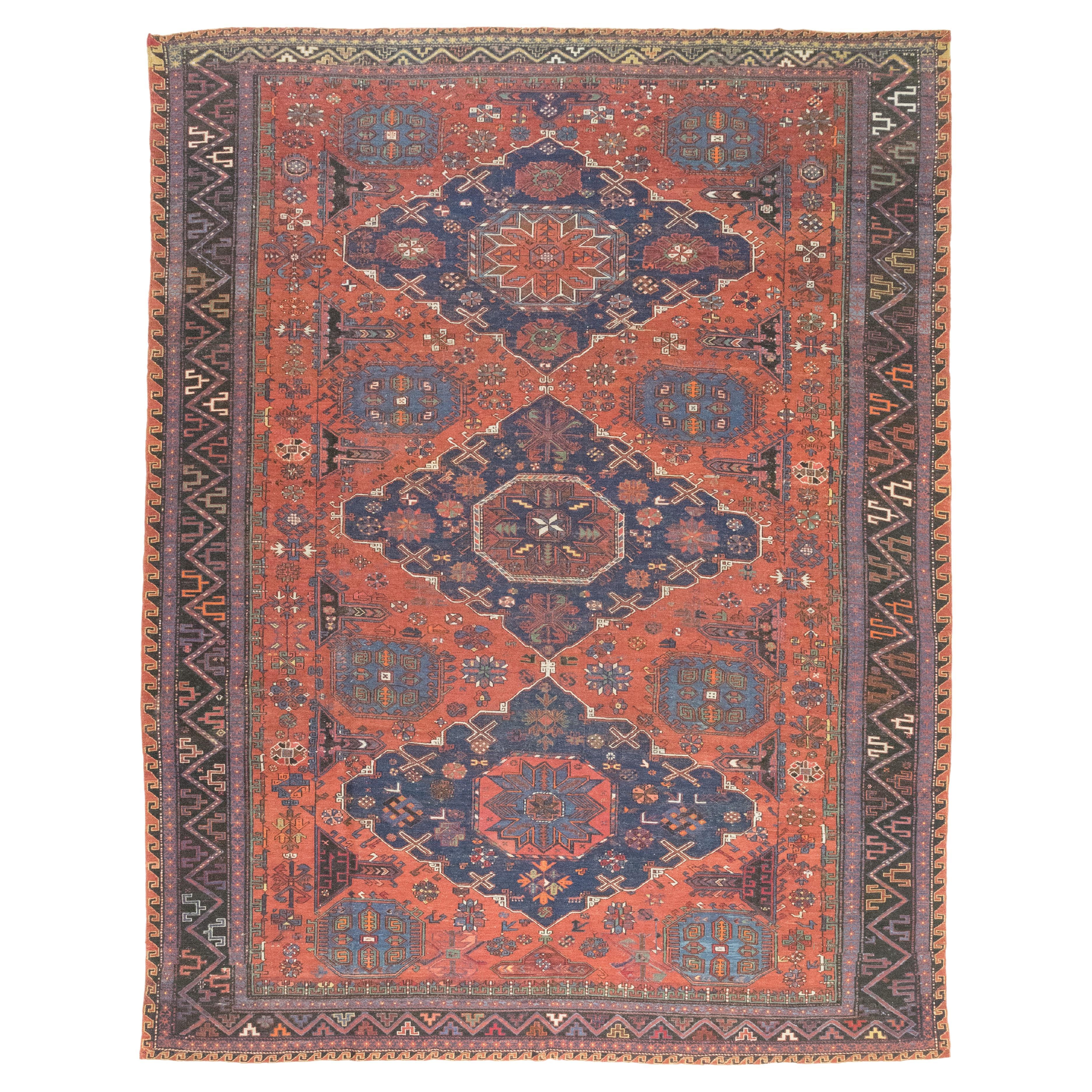 Tapis antique Sumakh, tissé à la main, 11.4 × 8.7 ft - Terracotta, Navy et Blue en vente