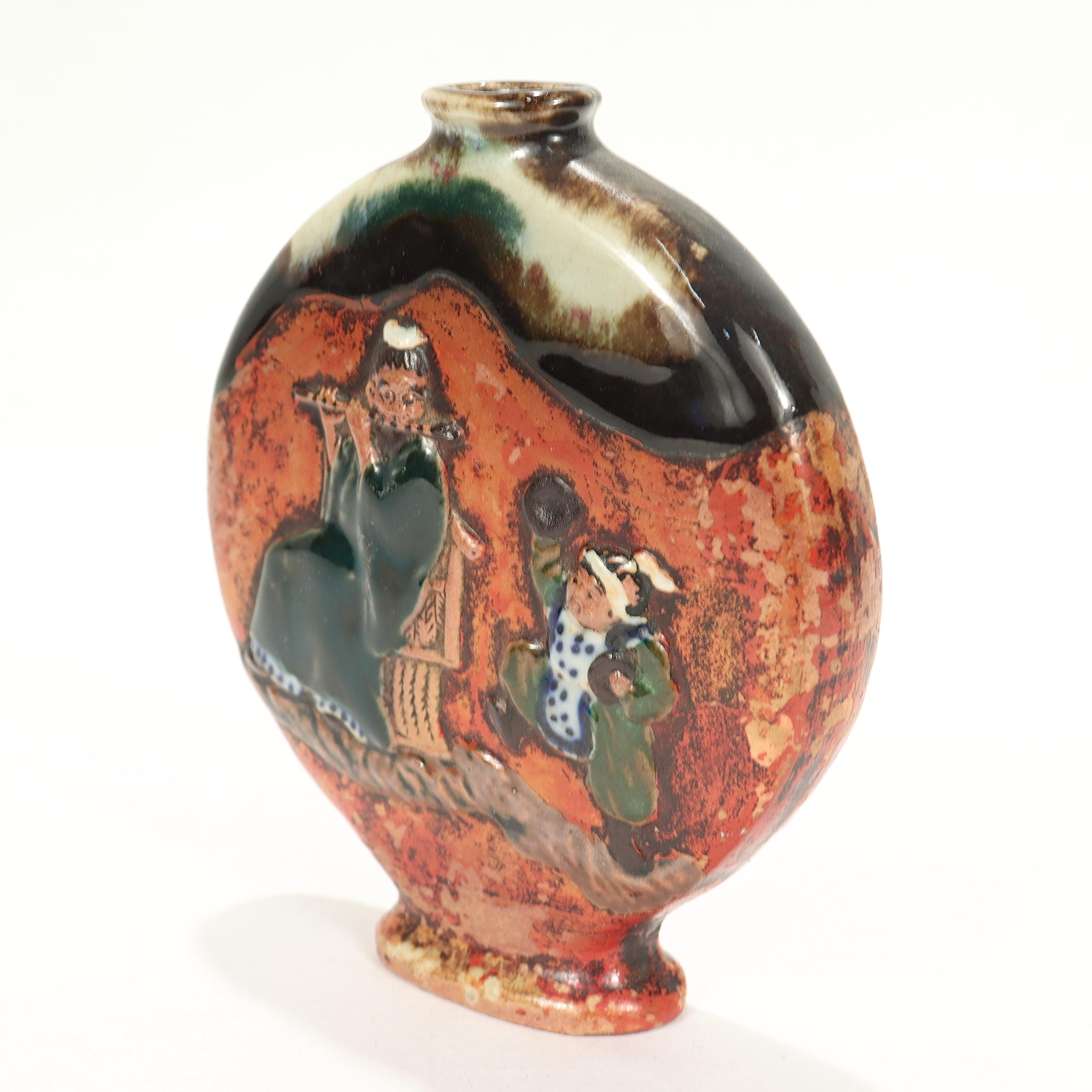 Meiji Antique Sumidagawa Signed Pottery Moon Flask Vase For Sale