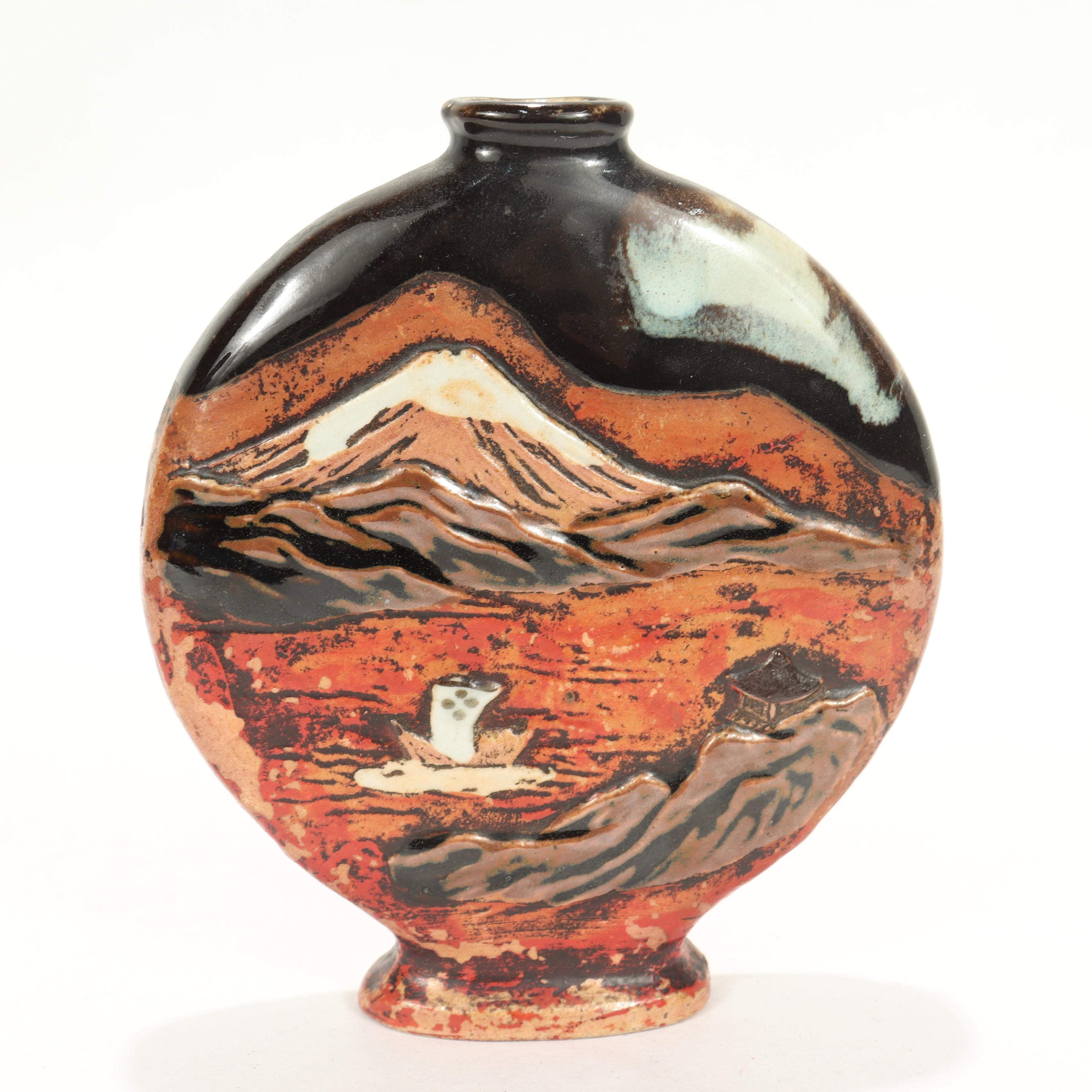 Antique Sumidagawa Signed Pottery Moon Flask Vase In Good Condition For Sale In Philadelphia, PA