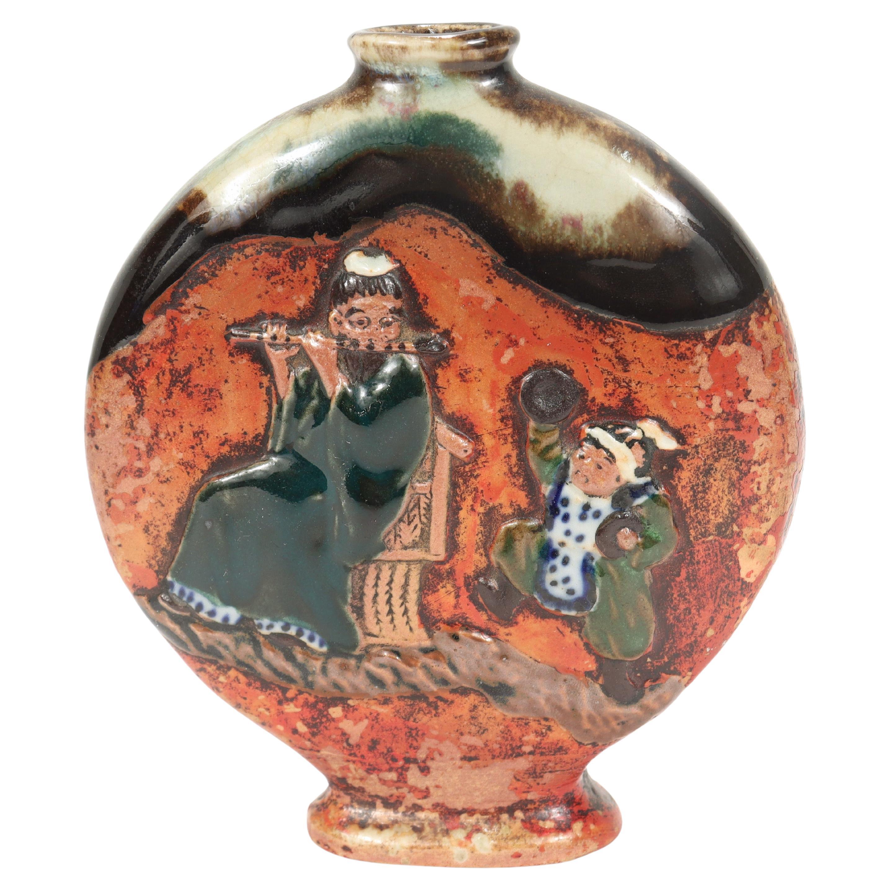 Antique Sumidagawa Signed Pottery Moon Flask Vase For Sale