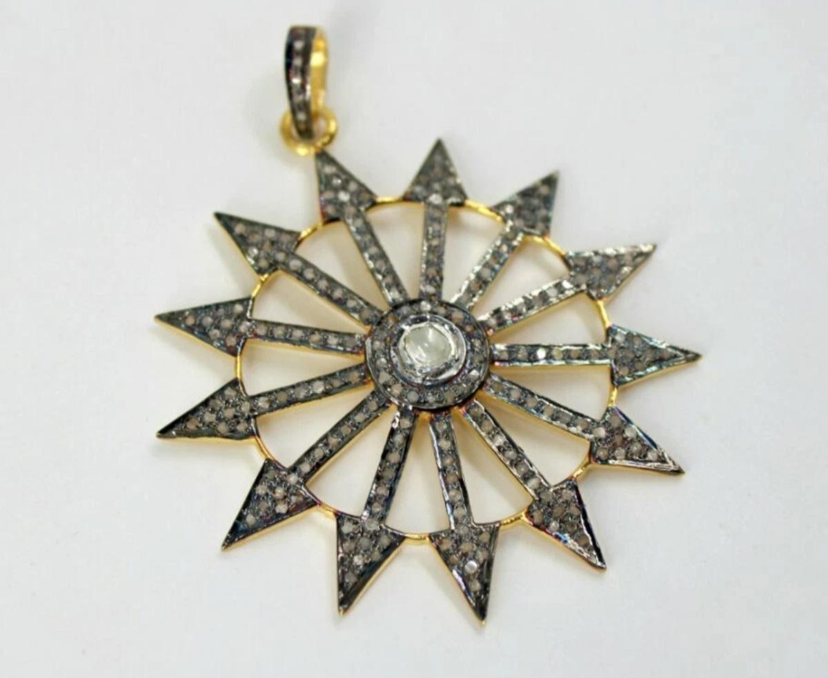 Antico ciondolo con diamante a raggiera di design Polki, ciondolo con diamante Rosecut, argento 925, Charme Antiques in vendita 4