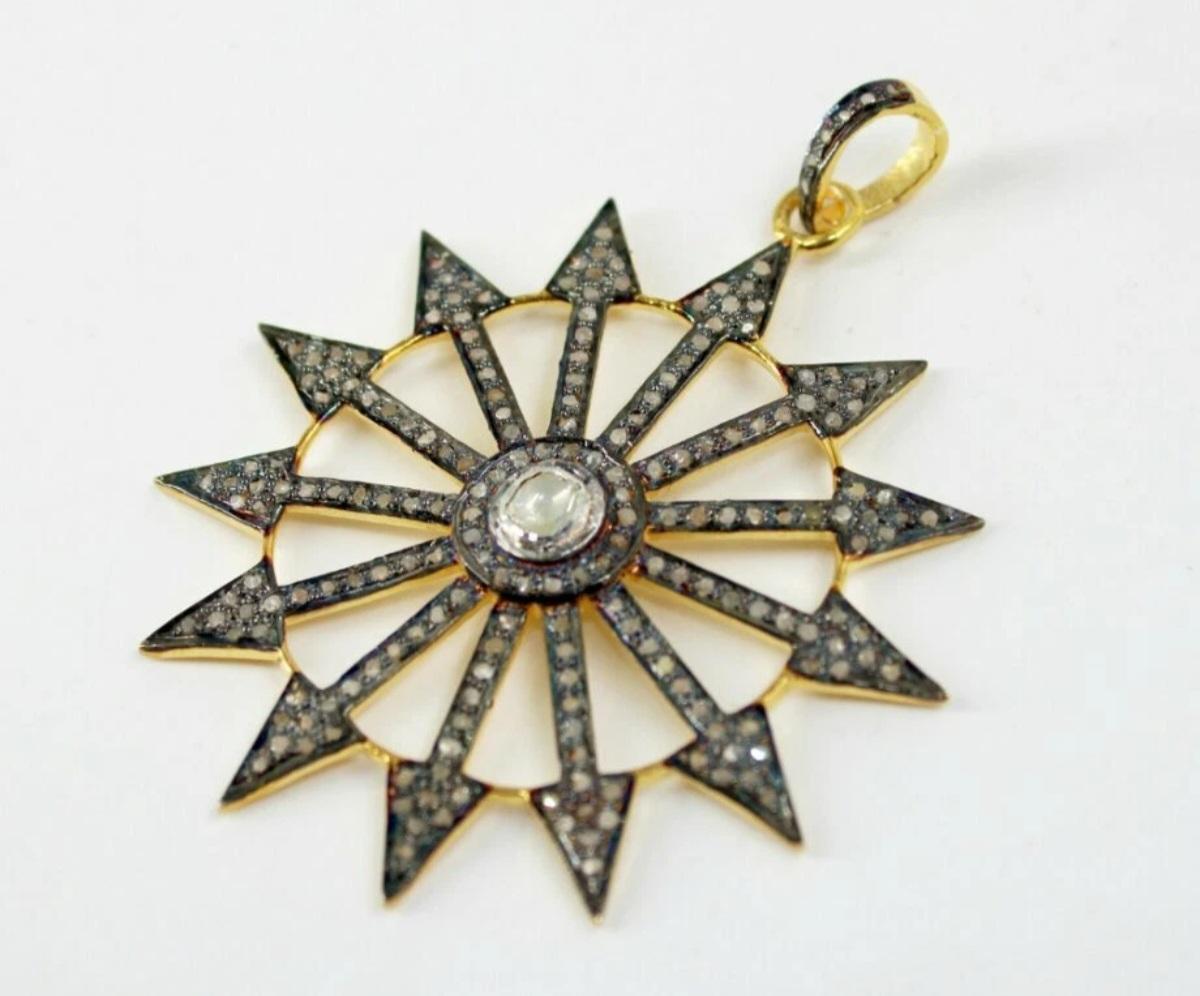 Art Déco Antico ciondolo con diamante a raggiera di design Polki, ciondolo con diamante Rosecut, argento 925, Charme Antiques in vendita