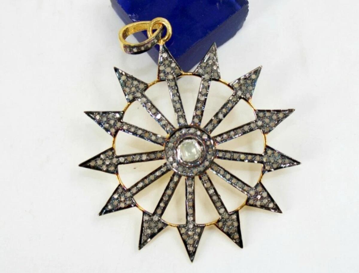 Antico ciondolo con diamante a raggiera di design Polki, ciondolo con diamante Rosecut, argento 925, Charme Antiques in vendita 2
