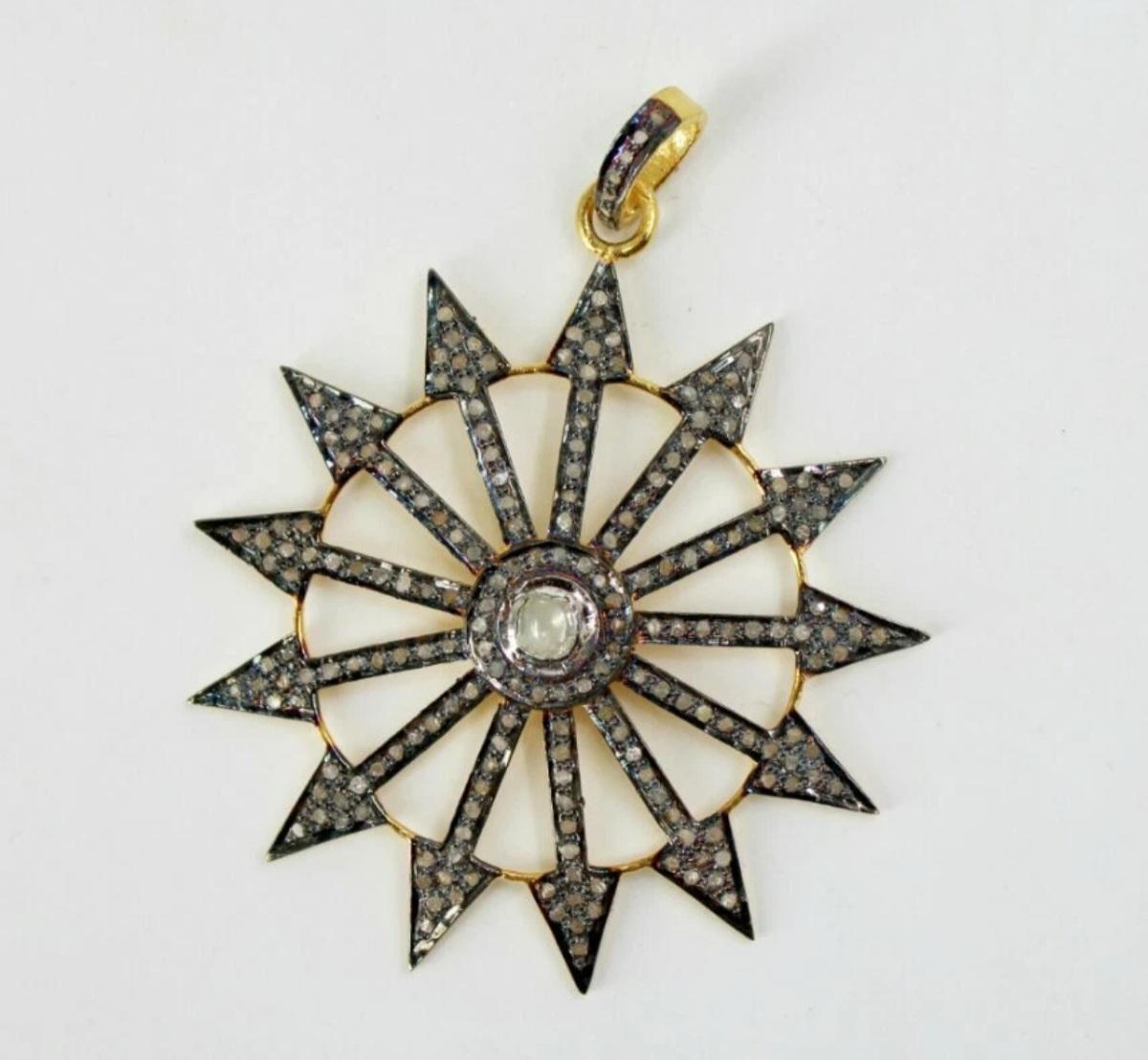 Antico ciondolo con diamante a raggiera di design Polki, ciondolo con diamante Rosecut, argento 925, Charme Antiques in vendita 3