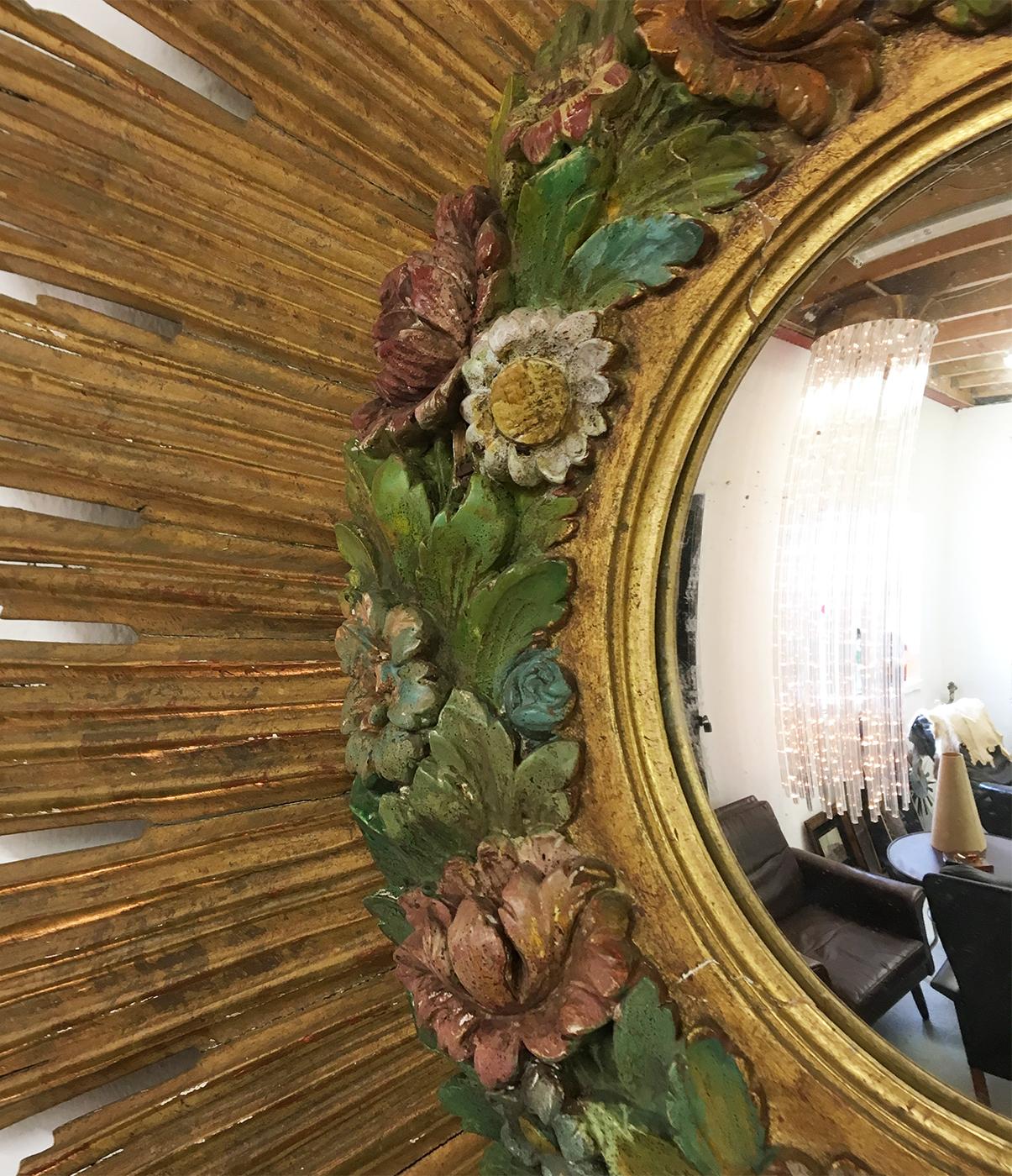 Antique Gold Sunburst Starburst Giltwood French Convex Gilded Barbola Mirror In Good Condition In Sherborne, Dorset