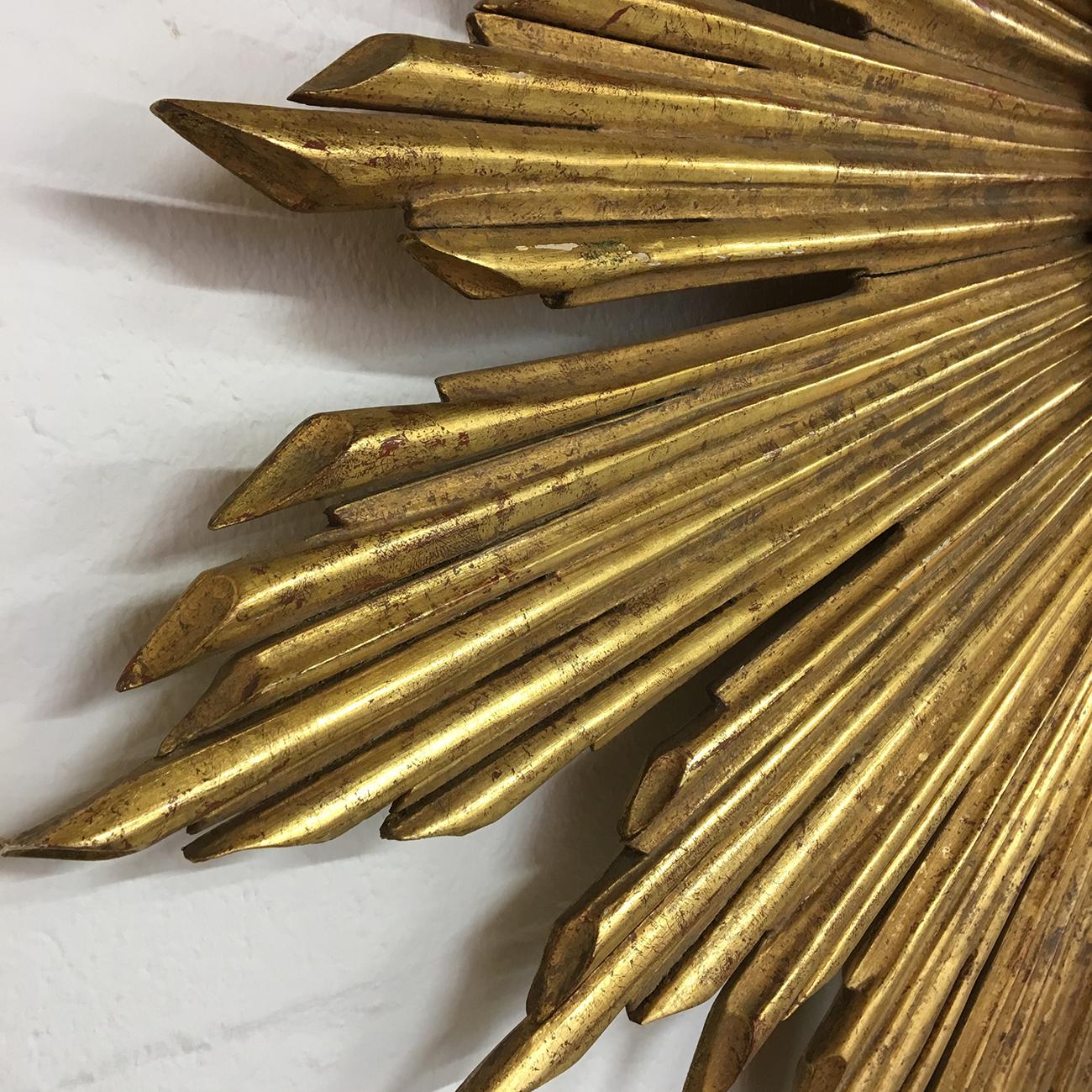 Wood Antique Gold Sunburst Starburst Giltwood French Convex Gilded Barbola Mirror