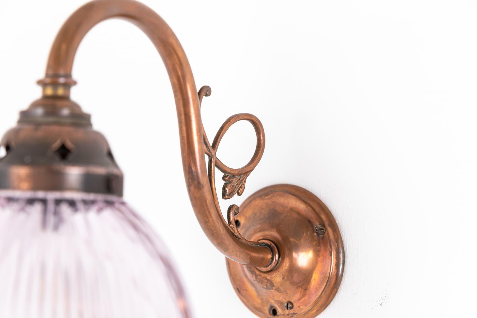 English Antique Sunco / Holophane Prismatic Glass Copper Swan Neck Wall Lamp, c.1920