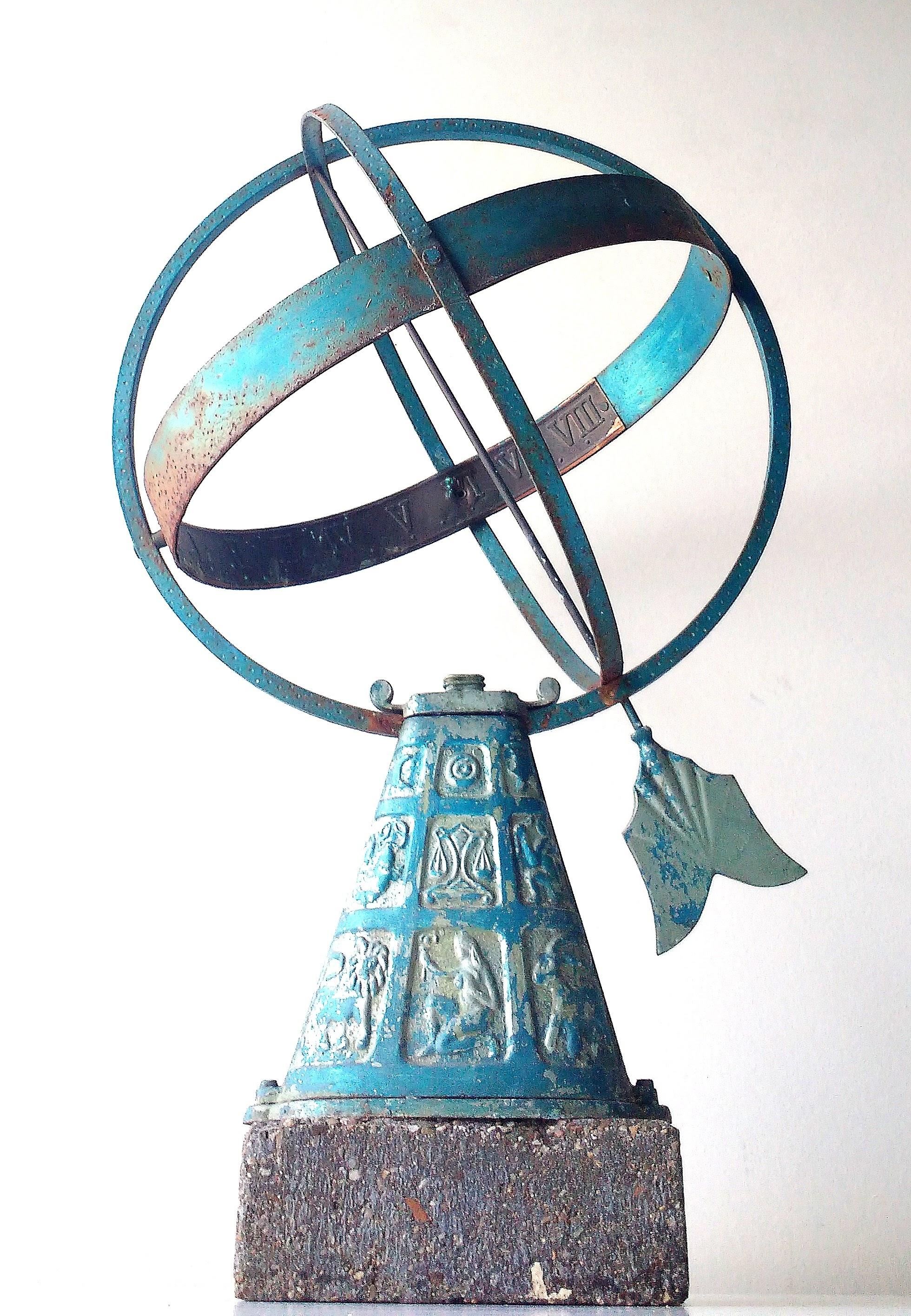 Antique sundial zodiac base cast metal and copper armillary on stone base


This magnificent sundial was made in Finland in the 1940s.

The numbers are inlayed in copper
The zodiac signs are beautifully cut out

Dimensions are 31' H x 17 .5'