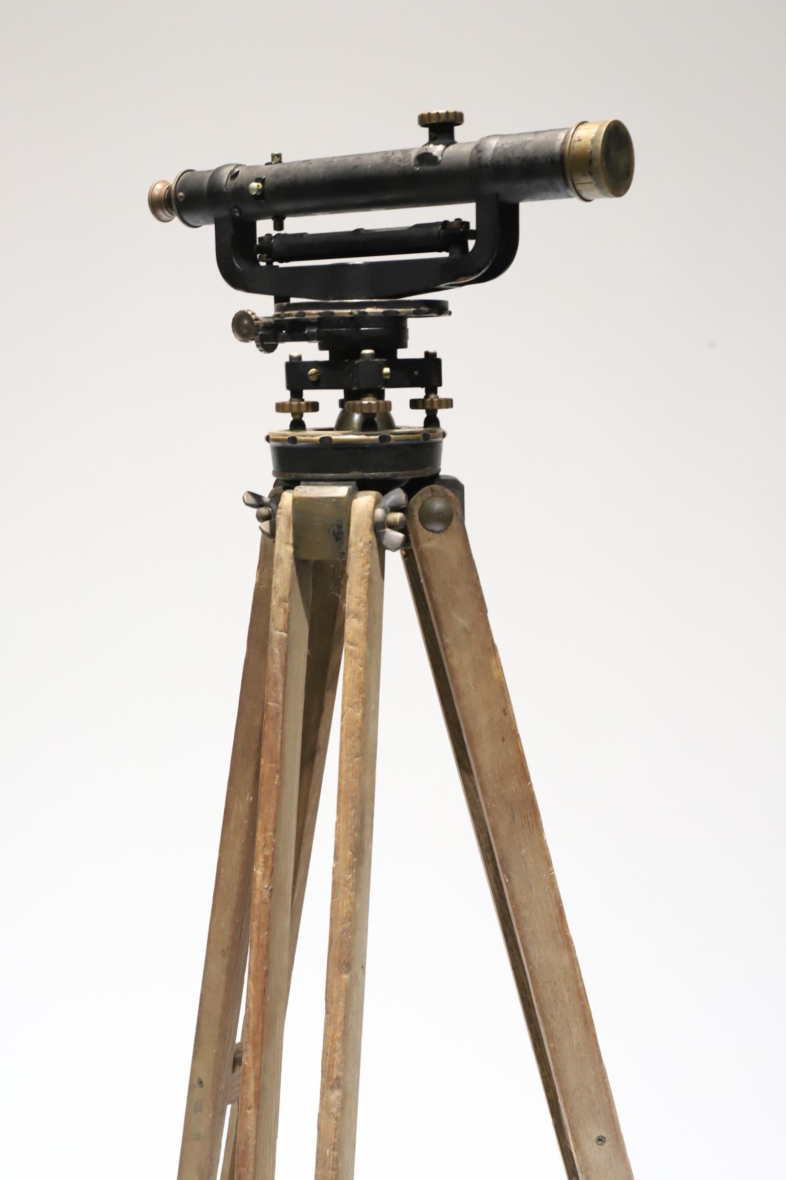 A wonderful antique piece for display. Surveyors transit by R.L. Sargent Company with tripod and original wood case. Tripod shows signs of handy repair for use over the many years. Sold as a display piece only. Measurements are at widest points when