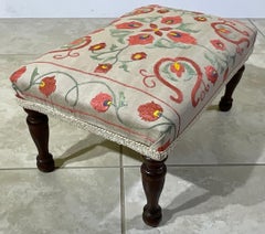 Antique Suzani Embroidered Footstool – Silk Hand-Stitched Needlepoint