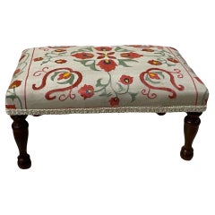 Antique Suzani Embroidered Footstool – Silk Hand-Stitched Needlepoint