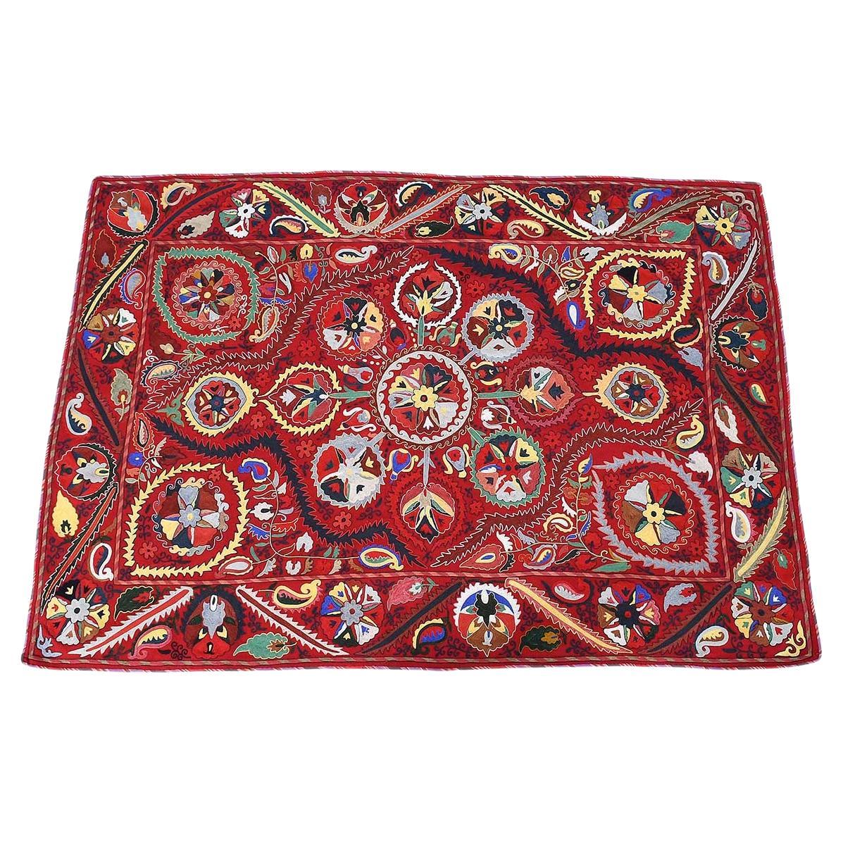 Antique Suzani Embroidery on Red Wool Ground