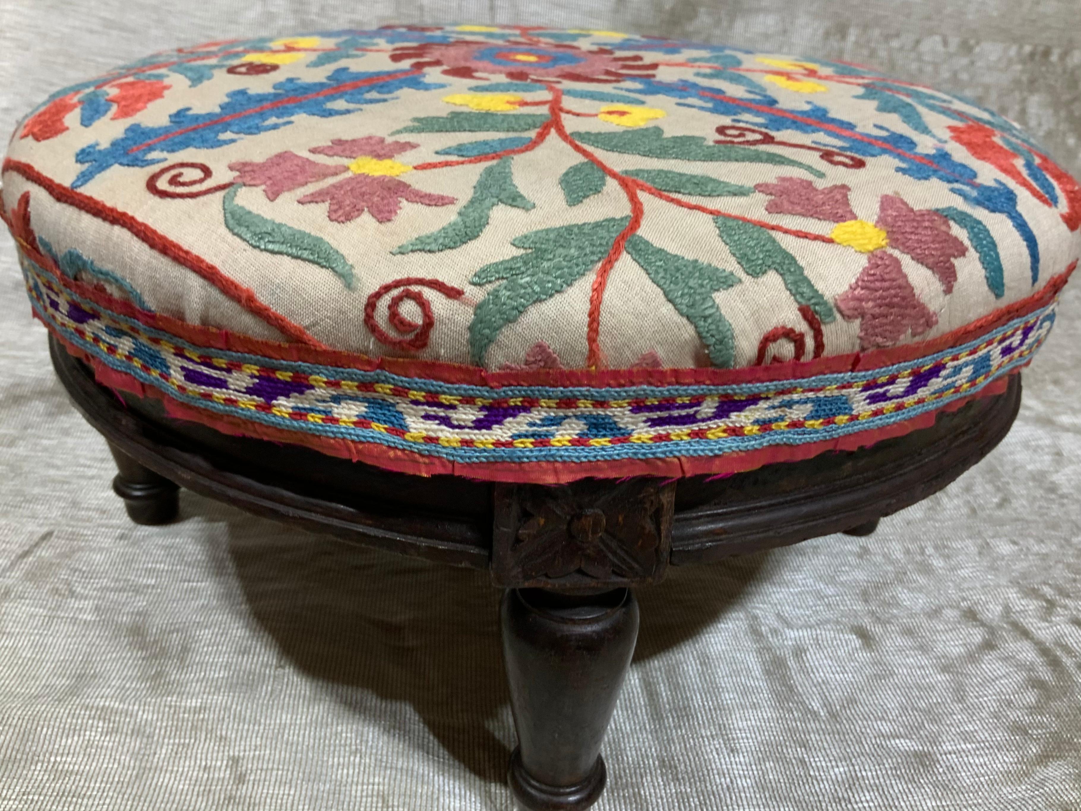 Carved Antique Suzani Foot Stool