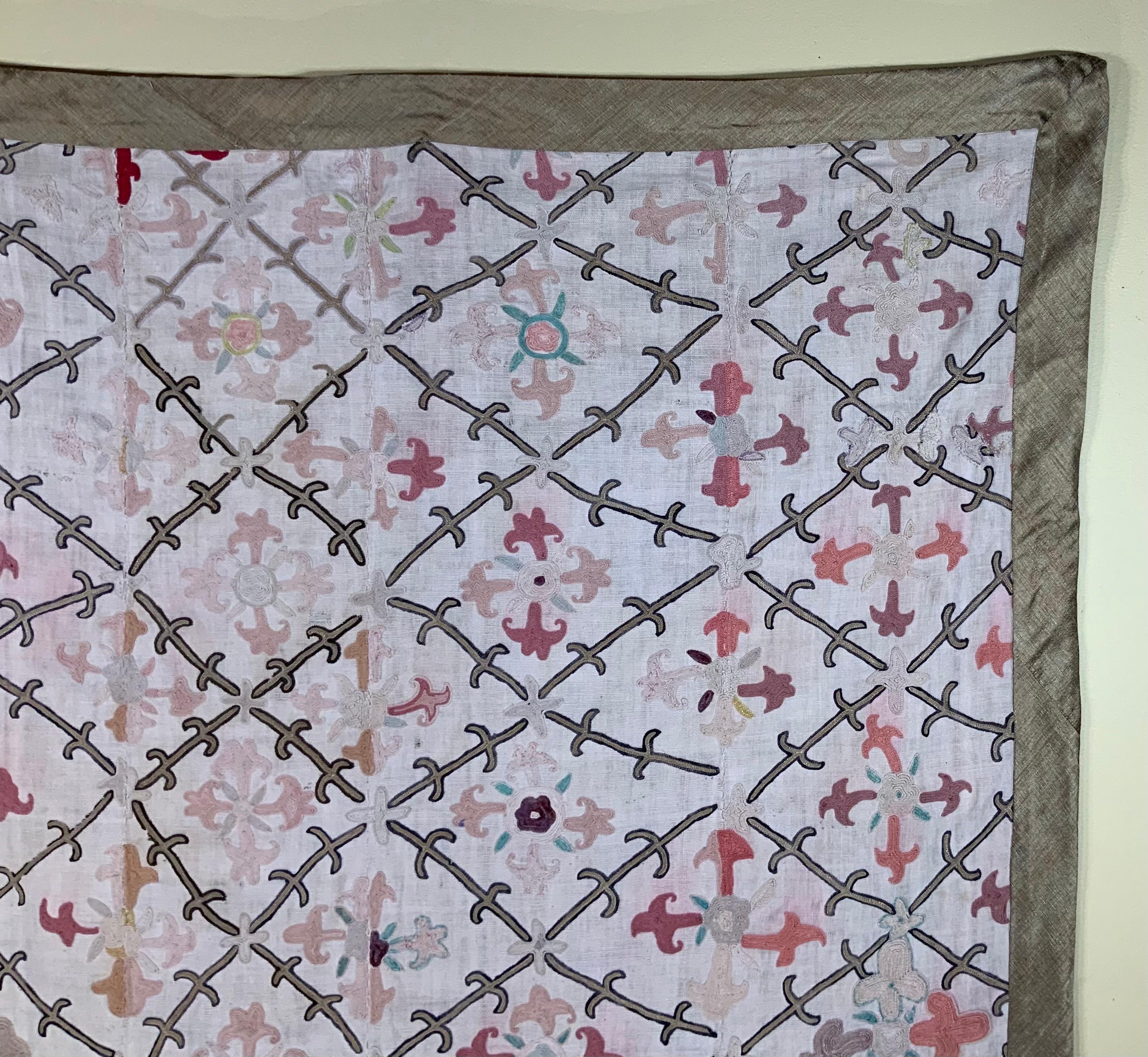 Antique Suzani textile made of hand embroidery intricate scrolling of eight large flowers motifs on a handwoven cotton background. Professionally cleaned and backed with fine textile.
Could use as wall hanging or on top of table or