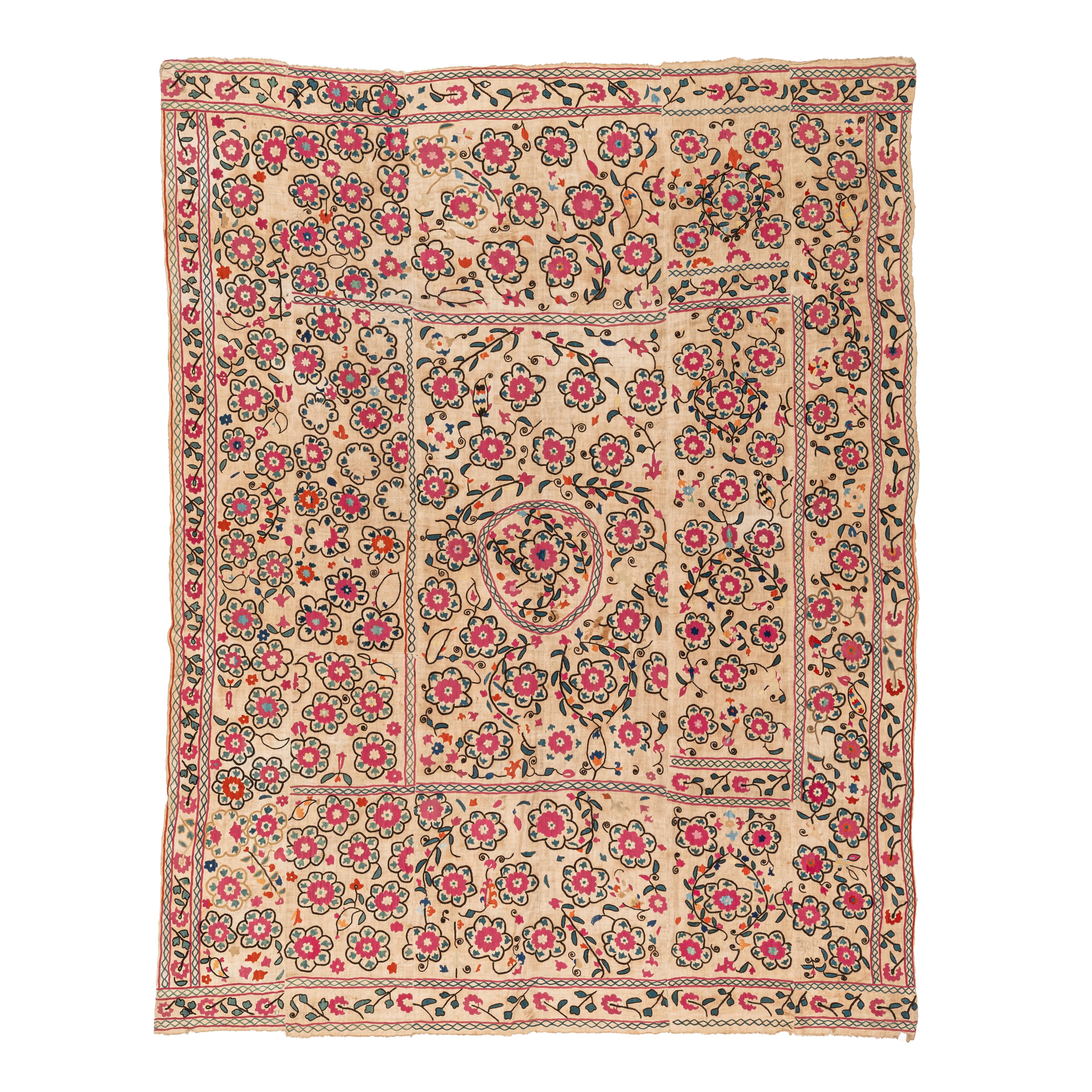 Suzani has no lining, and overall condition is good for its use and age. Its design is rather unusual with its layout. It could be lined if required .

General Info On Suzanis

Uzbek Suzani, a captivating textile art form originating from Central