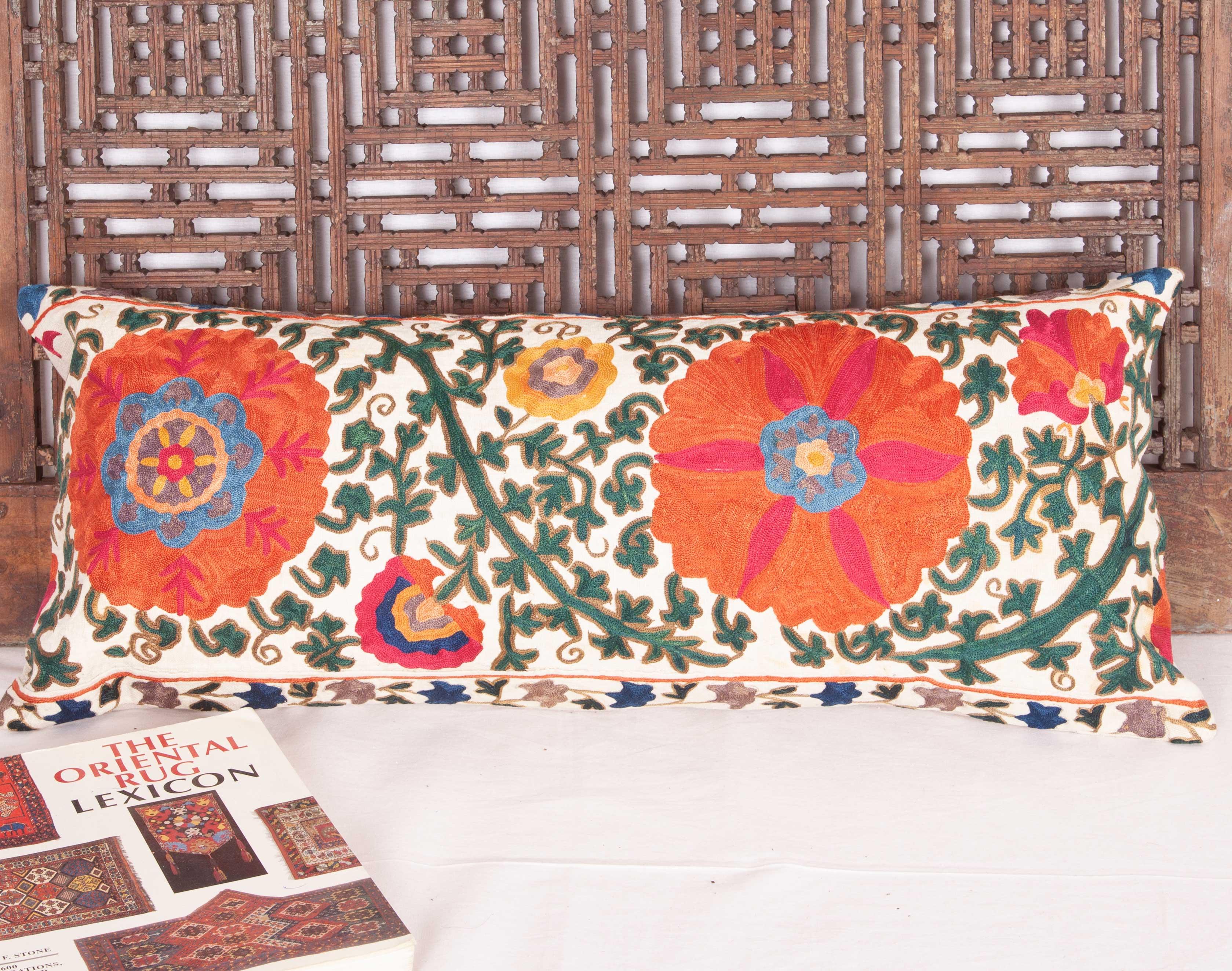 Silk Antique Suzani Lumbar Pillow Case Fashioned from a 19th Century Bukhara Suzani
