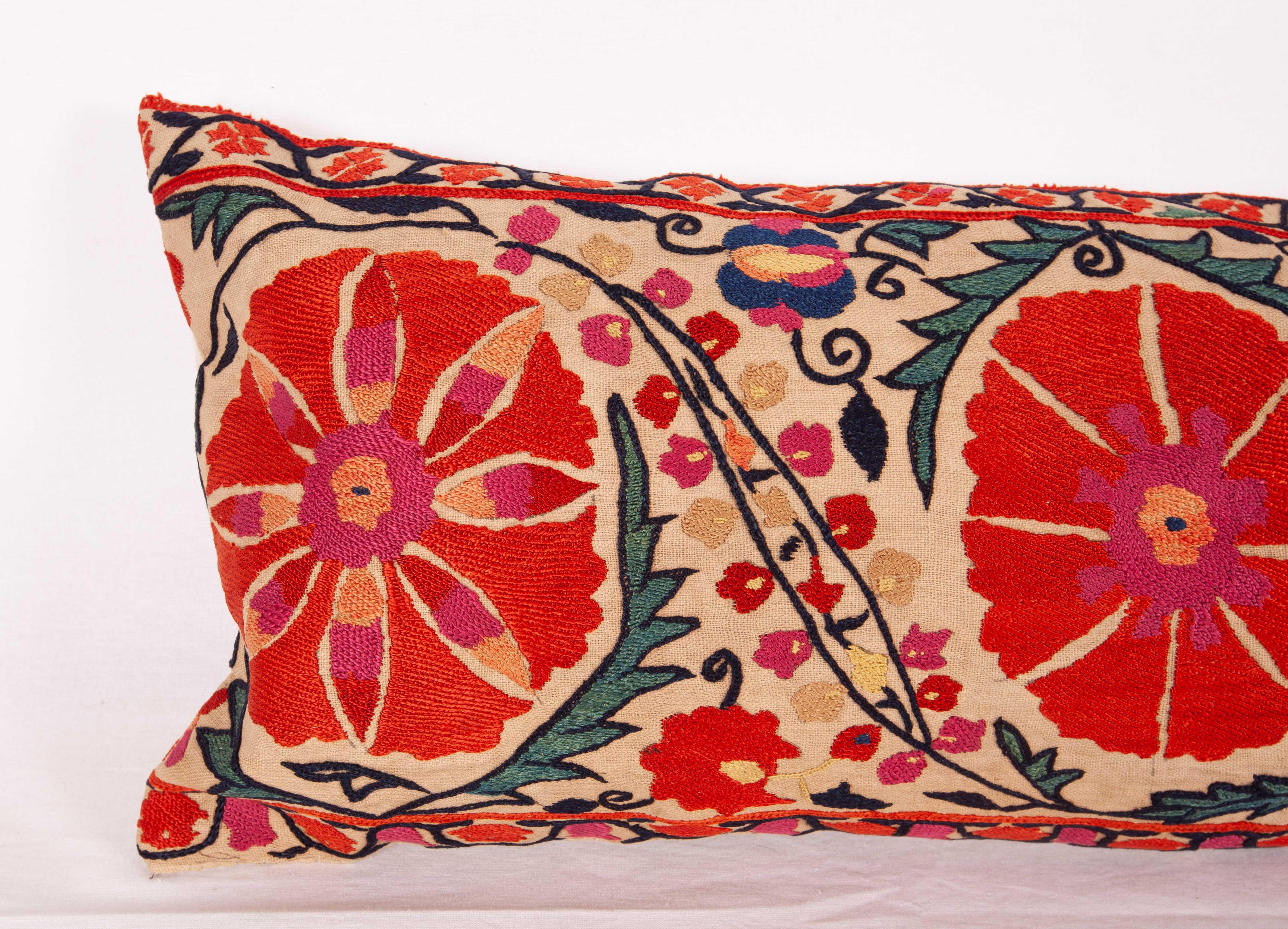 Uzbek Antique Suzani Lumbar Pillow Made from a Mid-19th Century Nurata Suzani