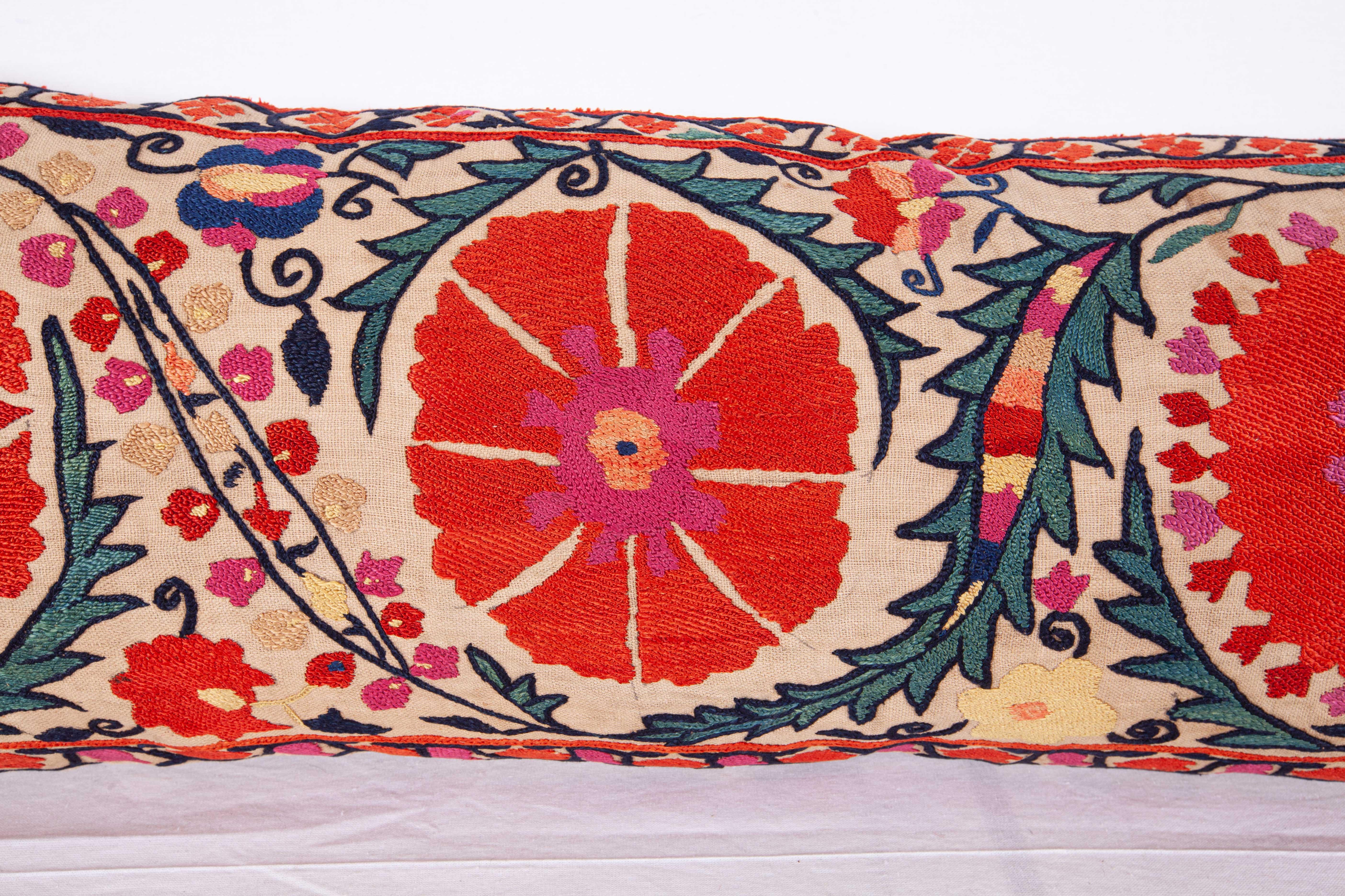 Embroidered Antique Suzani Lumbar Pillow Made from a Mid-19th Century Nurata Suzani