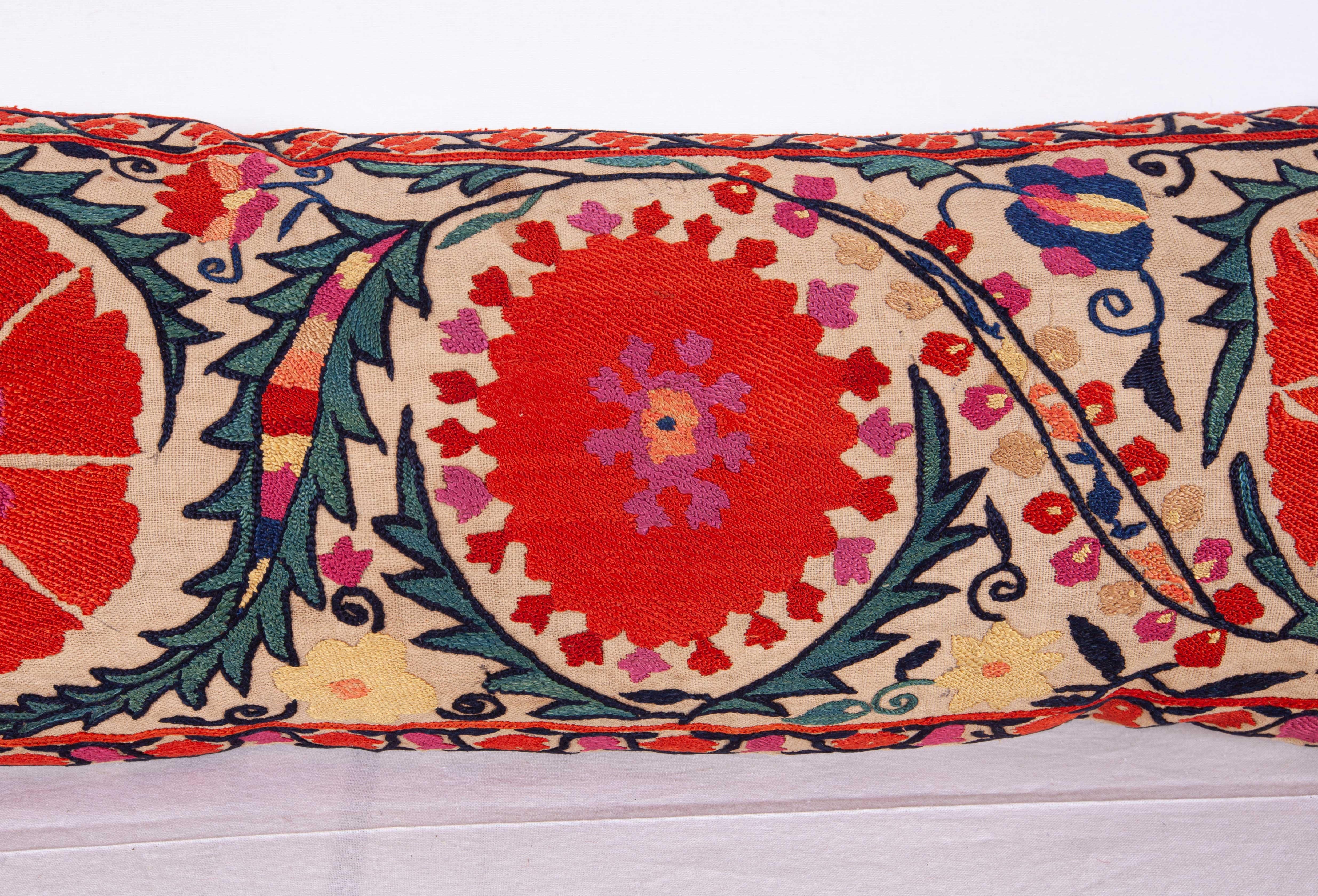 Antique Suzani Lumbar Pillow Made from a Mid-19th Century Nurata Suzani In Good Condition In Istanbul, TR