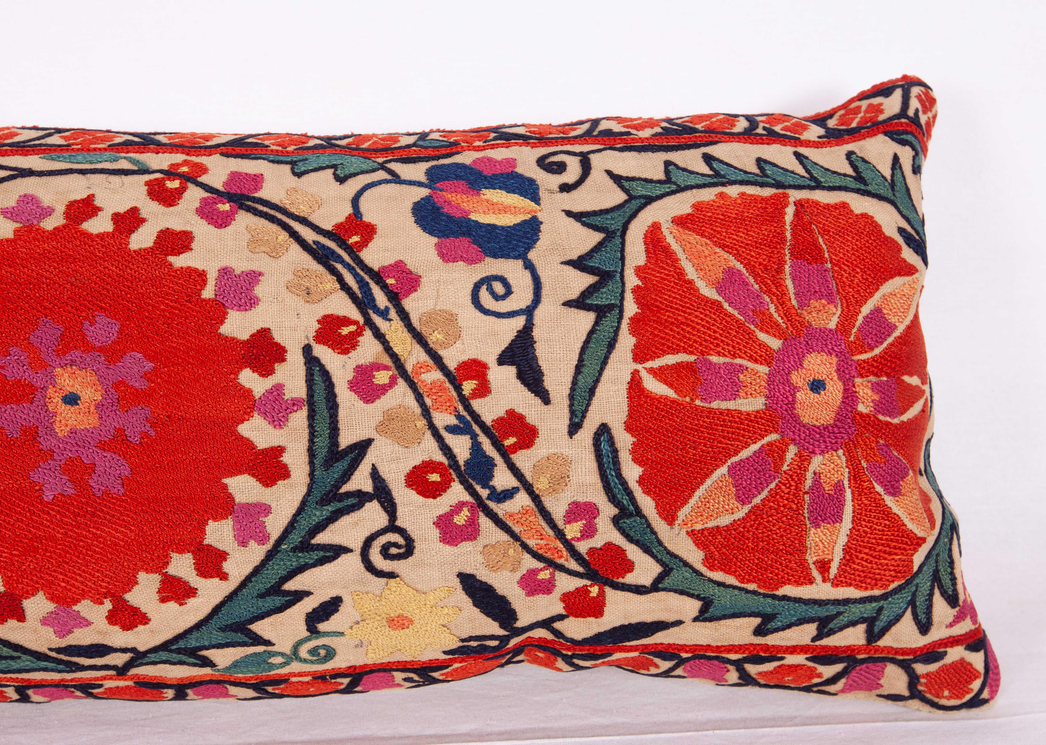 Silk Antique Suzani Lumbar Pillow Made from a Mid-19th Century Nurata Suzani