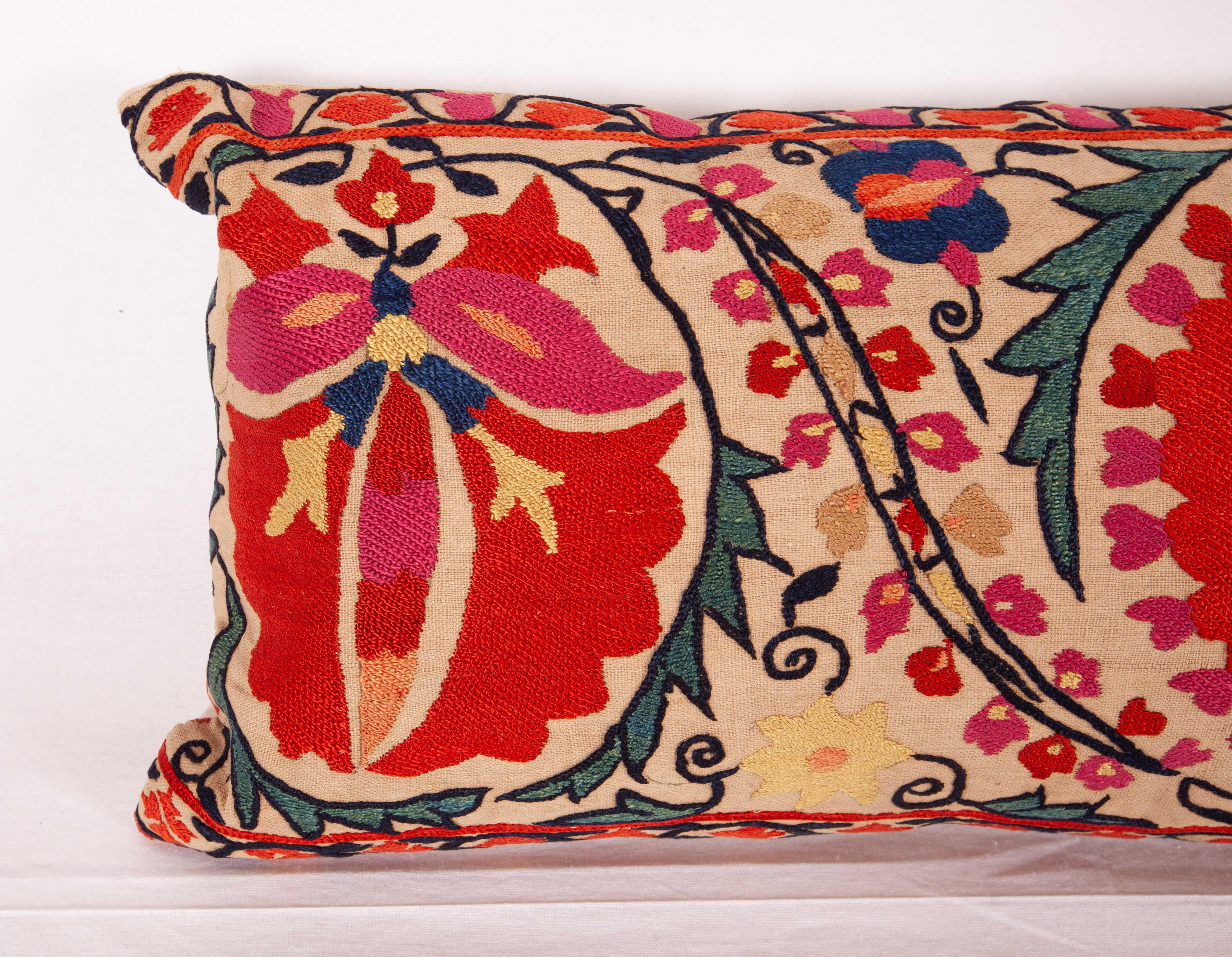Uzbek Antique Suzani Lumbar Pillow Made from a Mid-19th Century Nurata Suzani