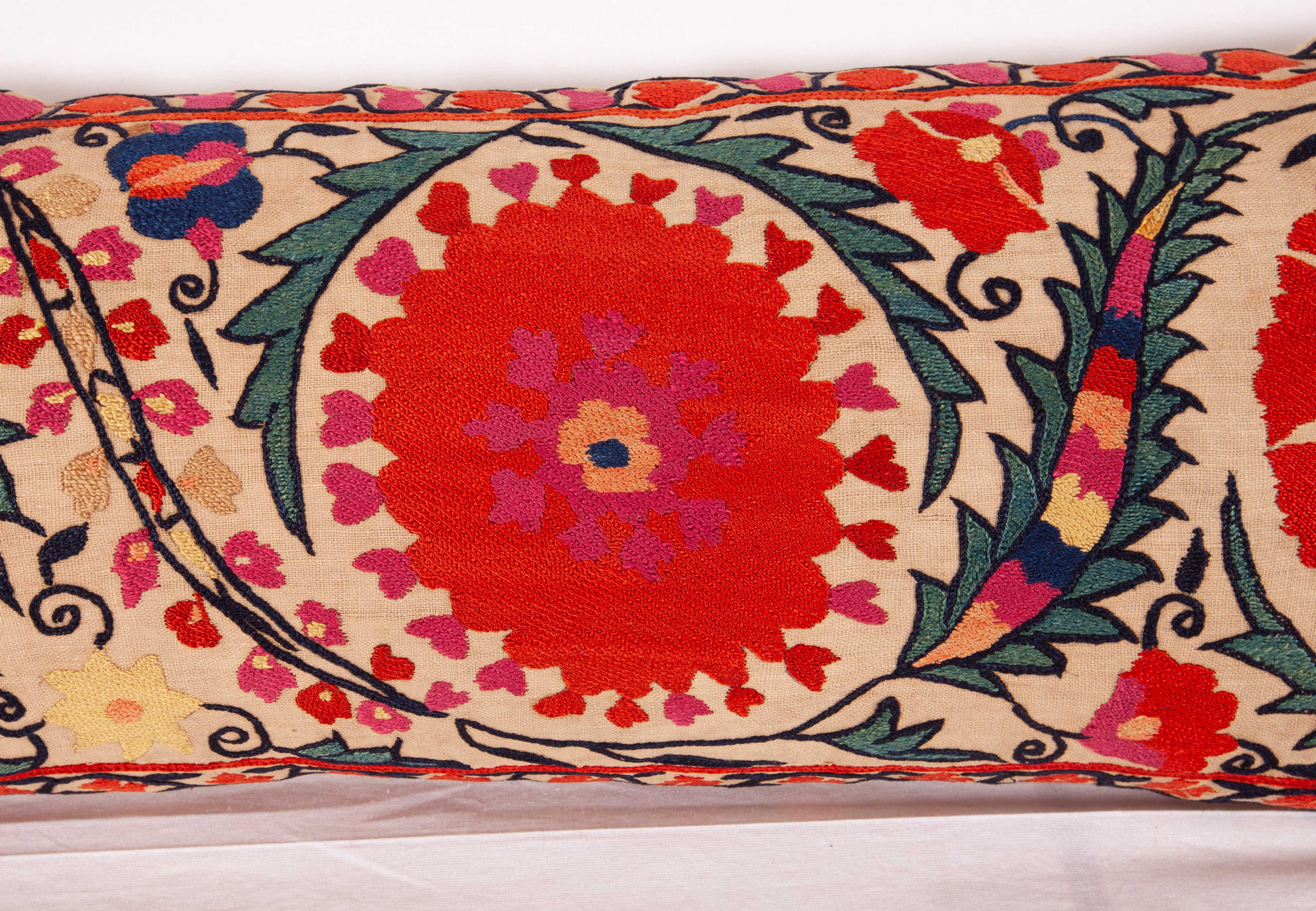 Embroidered Antique Suzani Lumbar Pillow Made from a Mid-19th Century Nurata Suzani