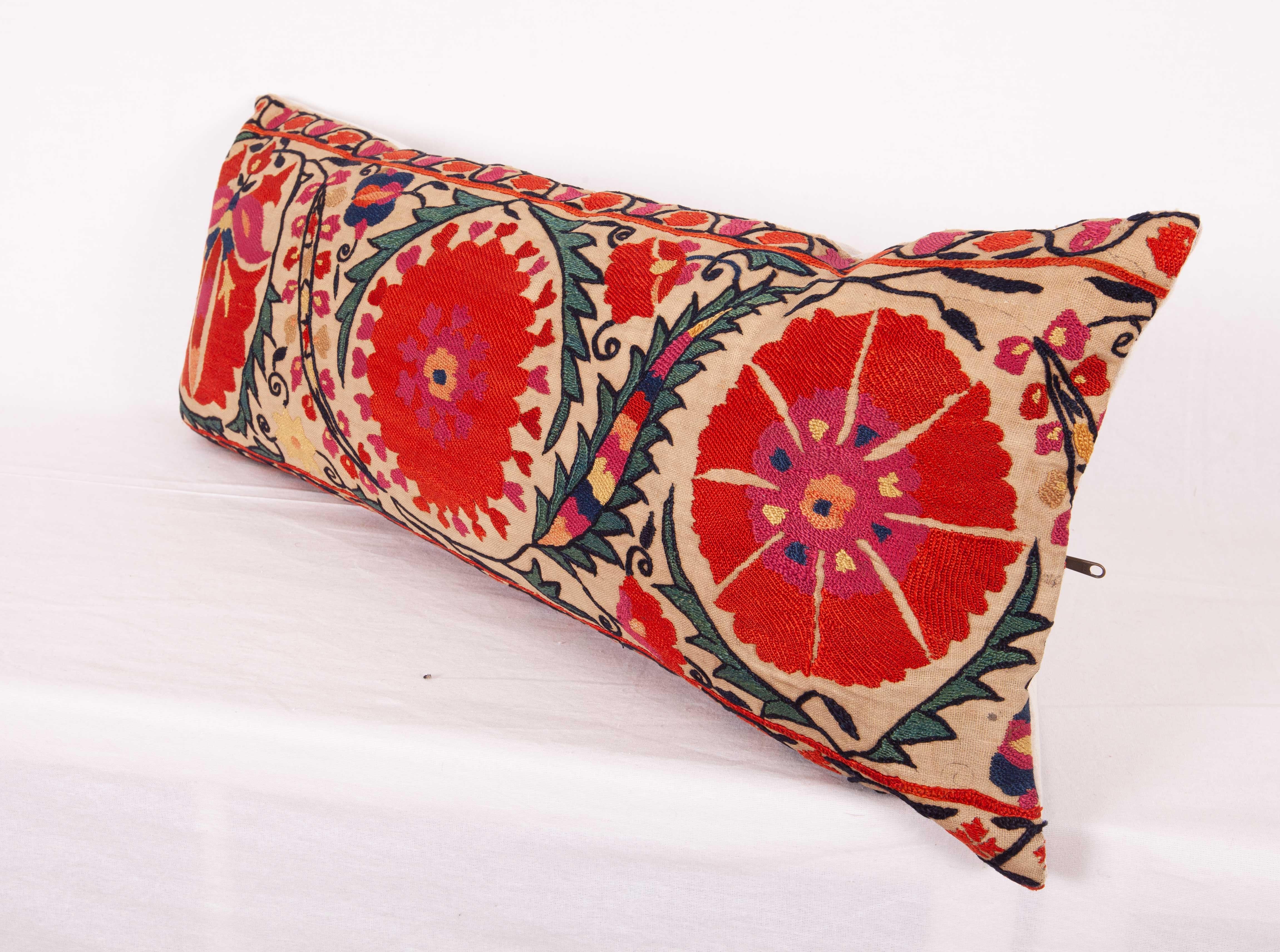 Antique Suzani Lumbar Pillow Made from a Mid-19th Century Nurata Suzani 1
