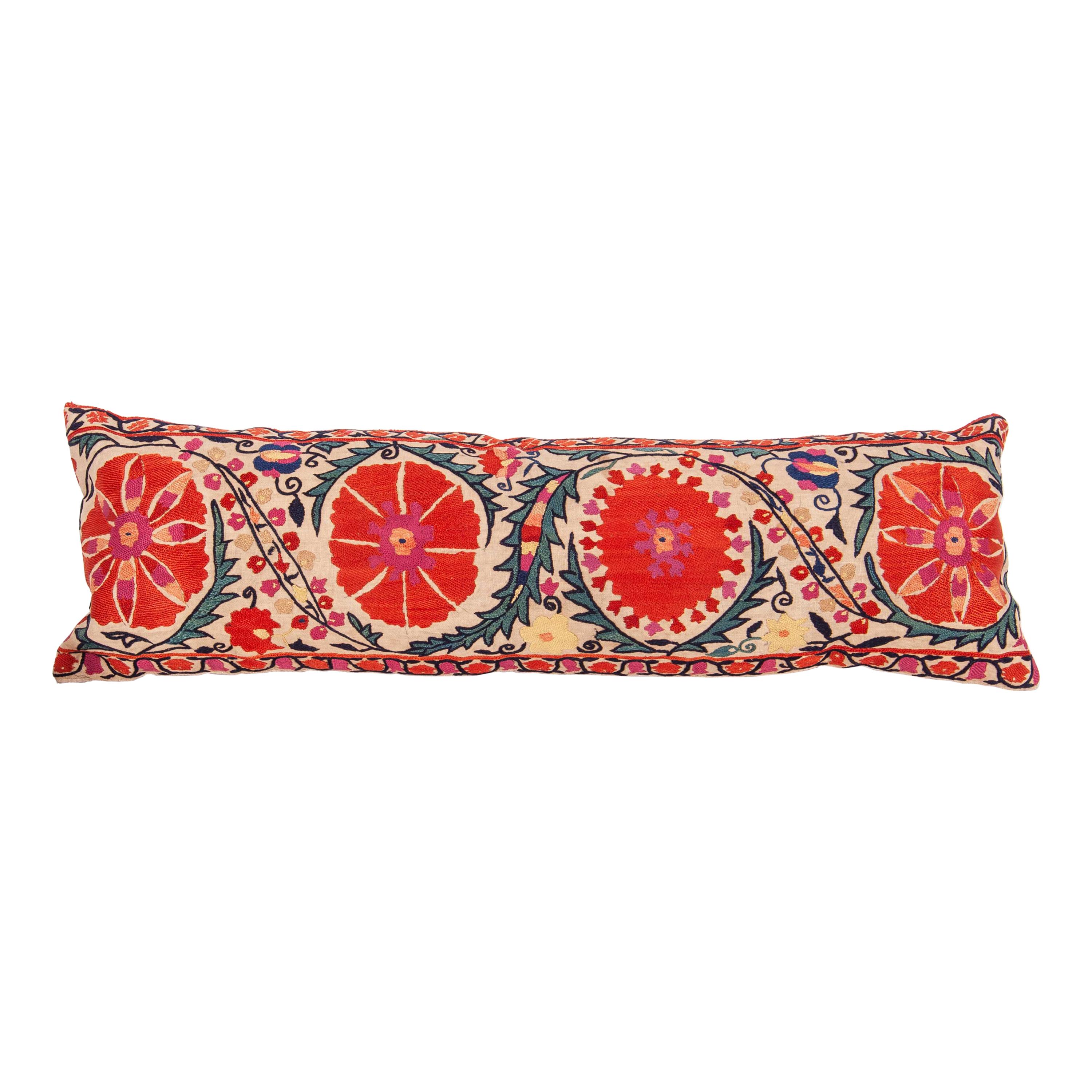 Antique Suzani Lumbar Pillow Made from a Mid-19th Century Nurata Suzani