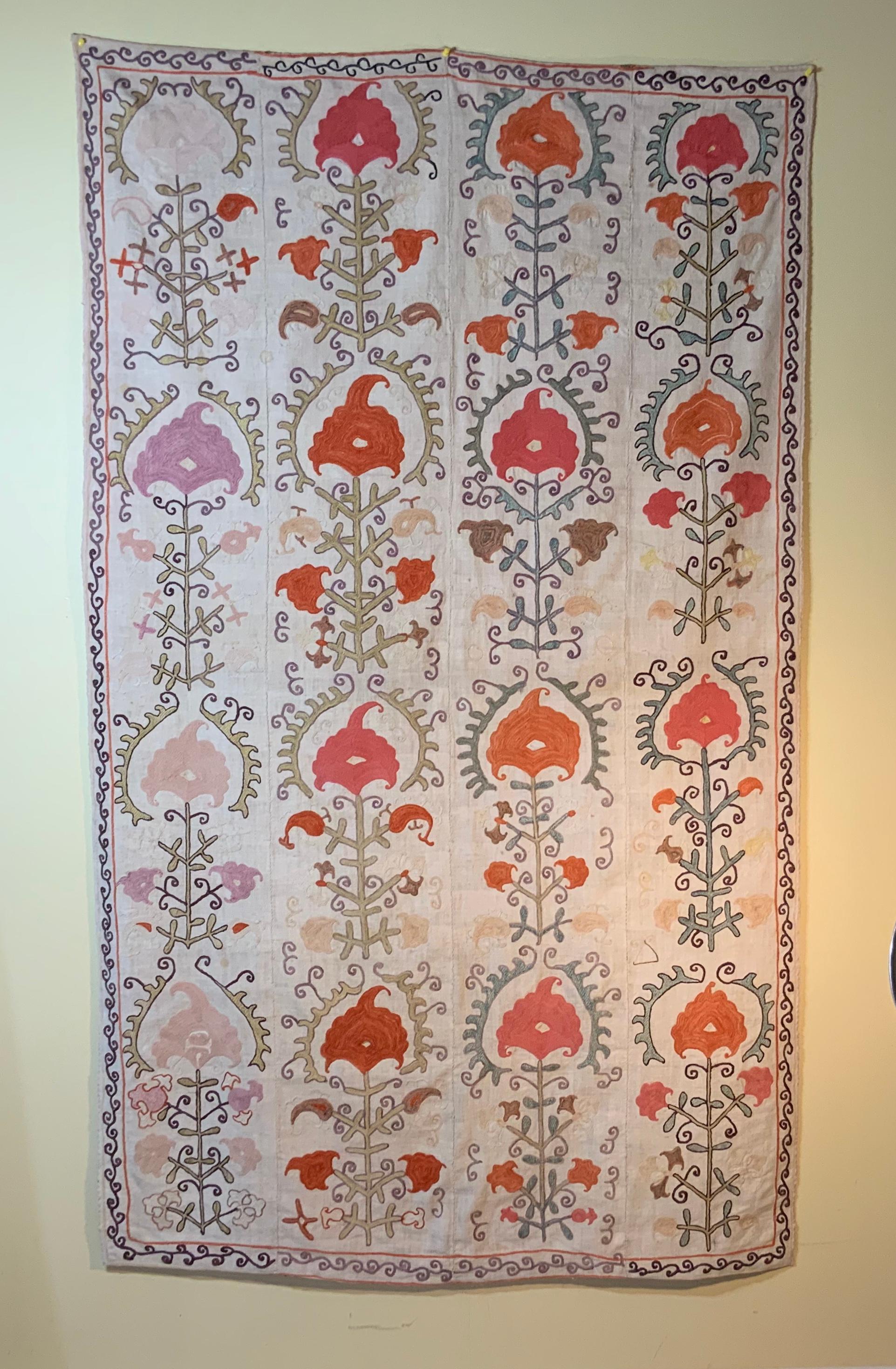 Antique Suzani textile made of hand embroidery intricate scrolling vines and flowers motifs on a handwoven cotton background. Professionally backed with fine silk textile.
Could use as wall hanging or on top of table or couch. 
Exquisite object of