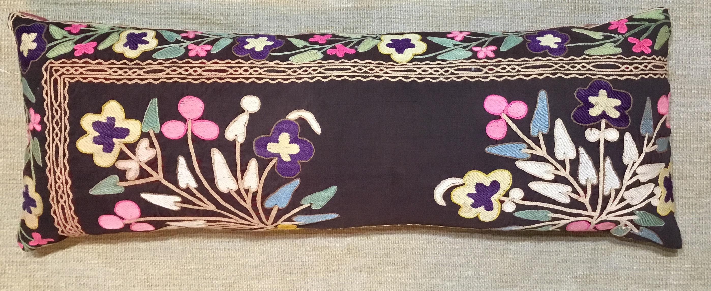 Exceptional pillow made of antique hand embroidery Suzani fragment, beautiful colors of vine and floral motifs all embroidered on a antique oxidized wine color velvet. Quality backing, frash inserts. Great for room decoration.
                   