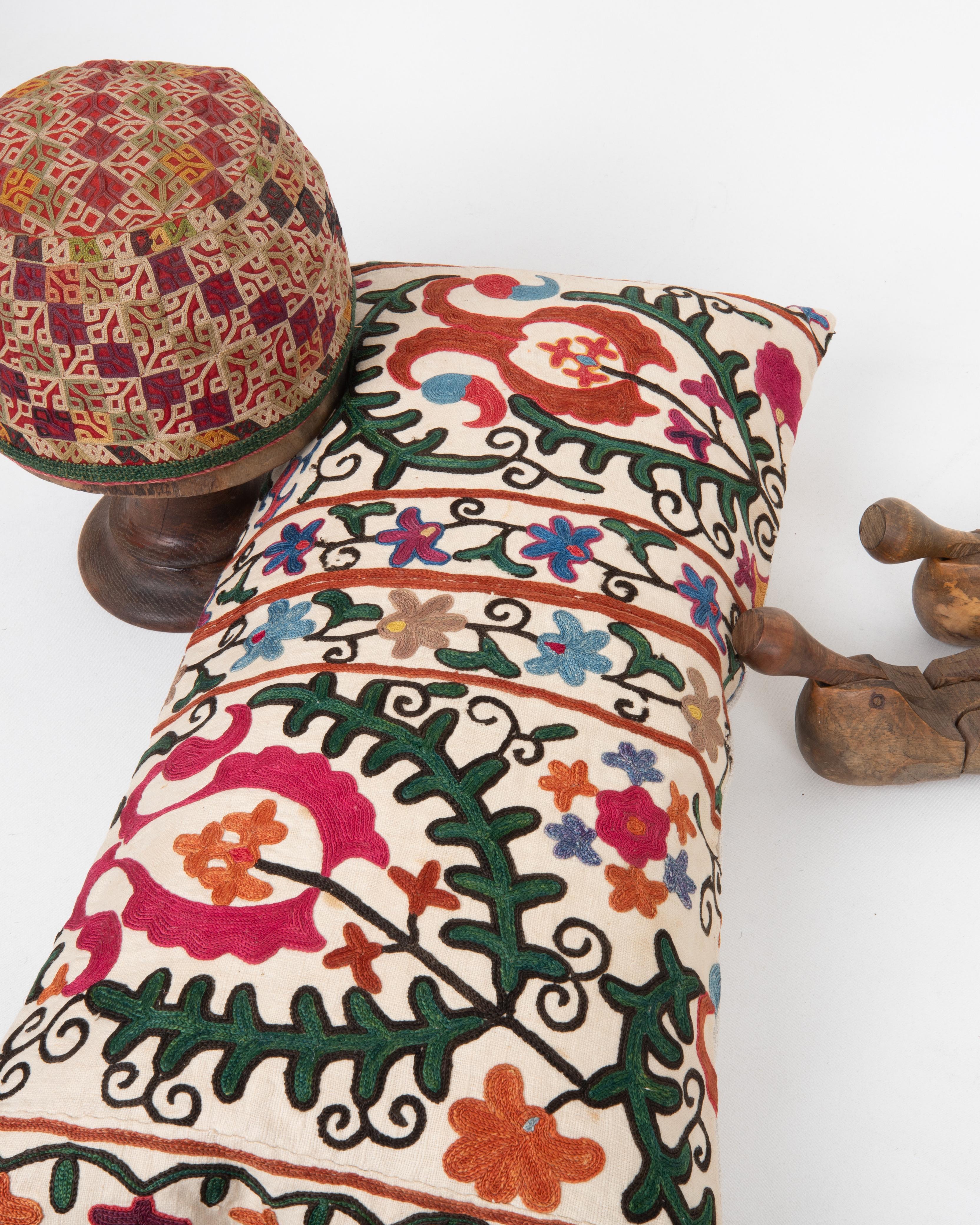 Silk Antique Suzani Pillow Made from a 19th C. Bukhara suzani For Sale