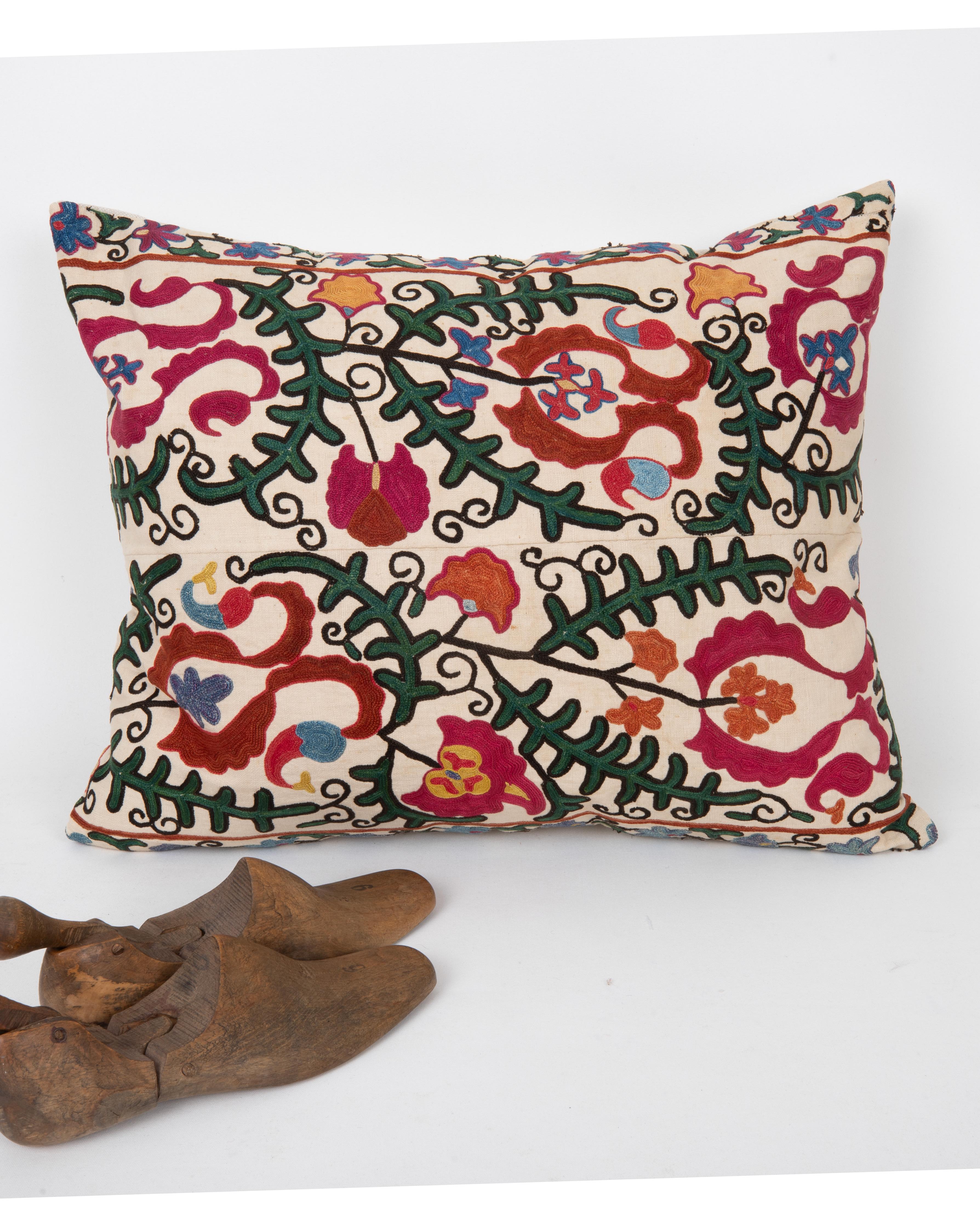 Silk Antique Suzani Pillow Made from a 19th C. Bukhara suzani For Sale