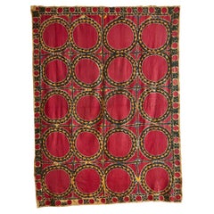 Antique Suzani Red Black Embroidery, Uzbekistan 19th Century