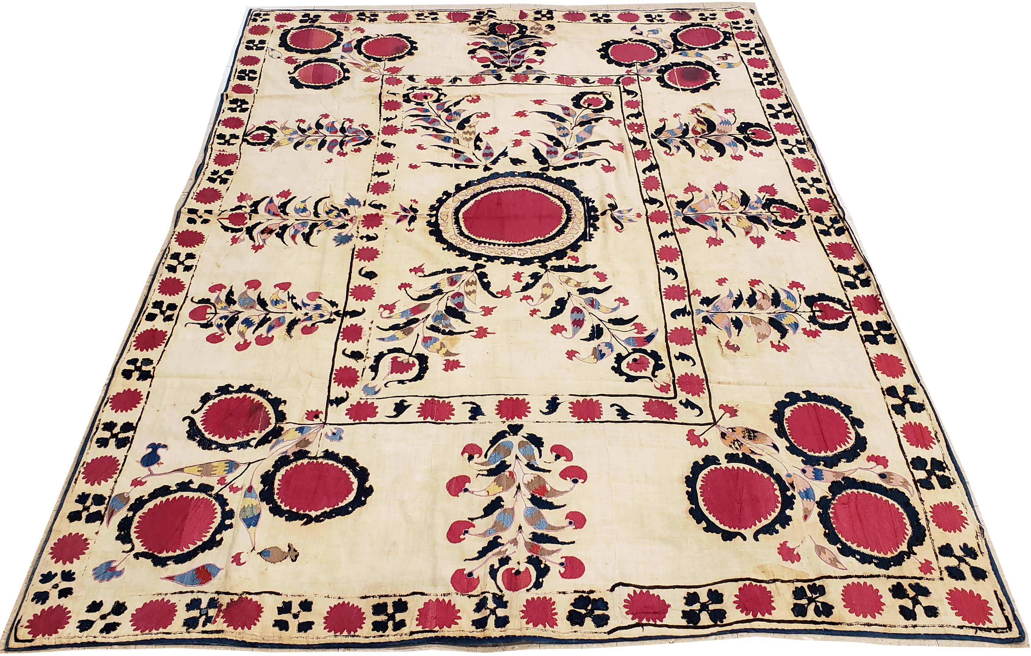 Antique Suzani Textile, Fine Uzbek, handmade rug, Tapestry, Silk Flowers 2