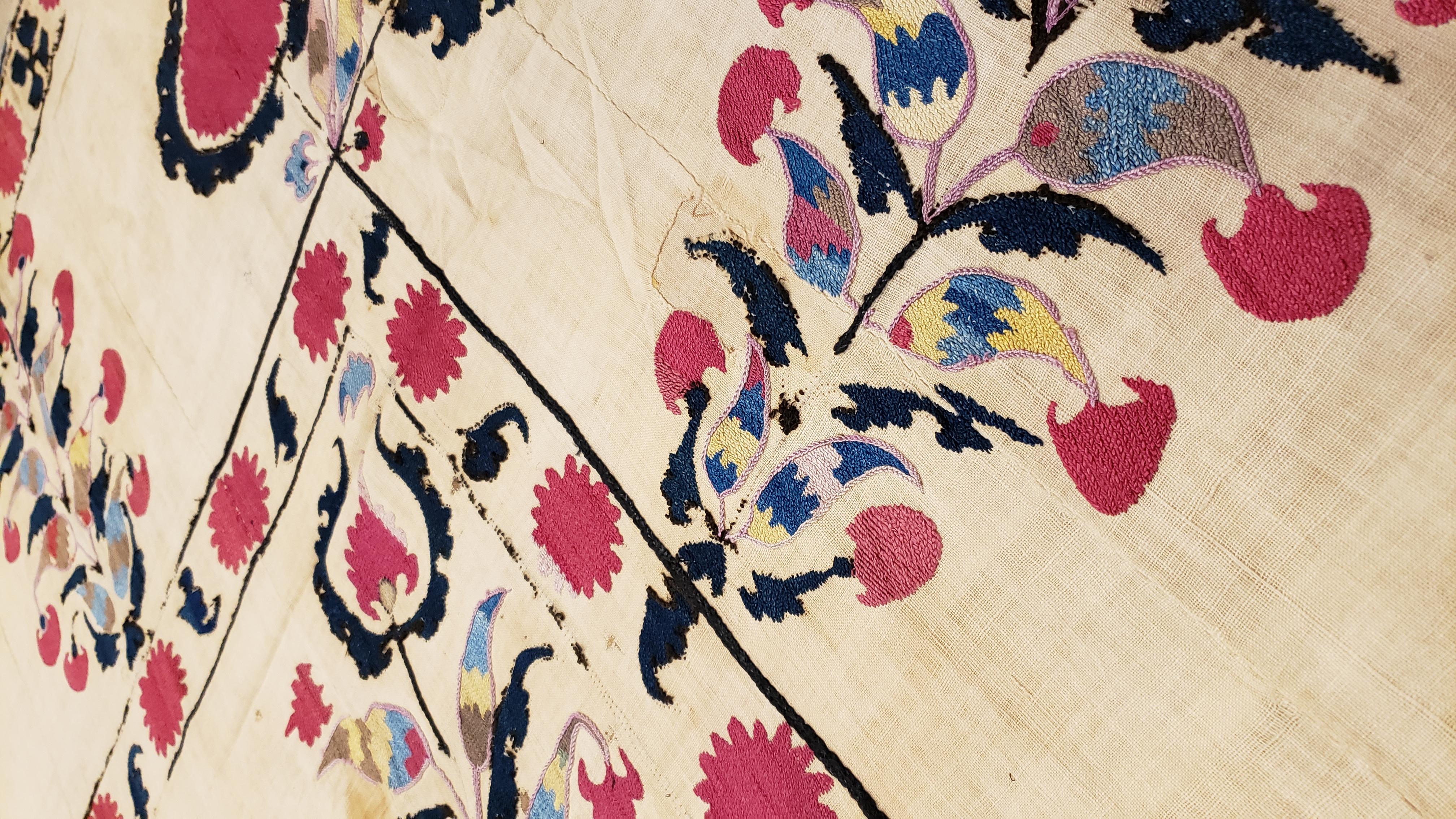 Antique Suzani Textile, Fine Uzbek, handmade rug, Tapestry, Silk Flowers 3