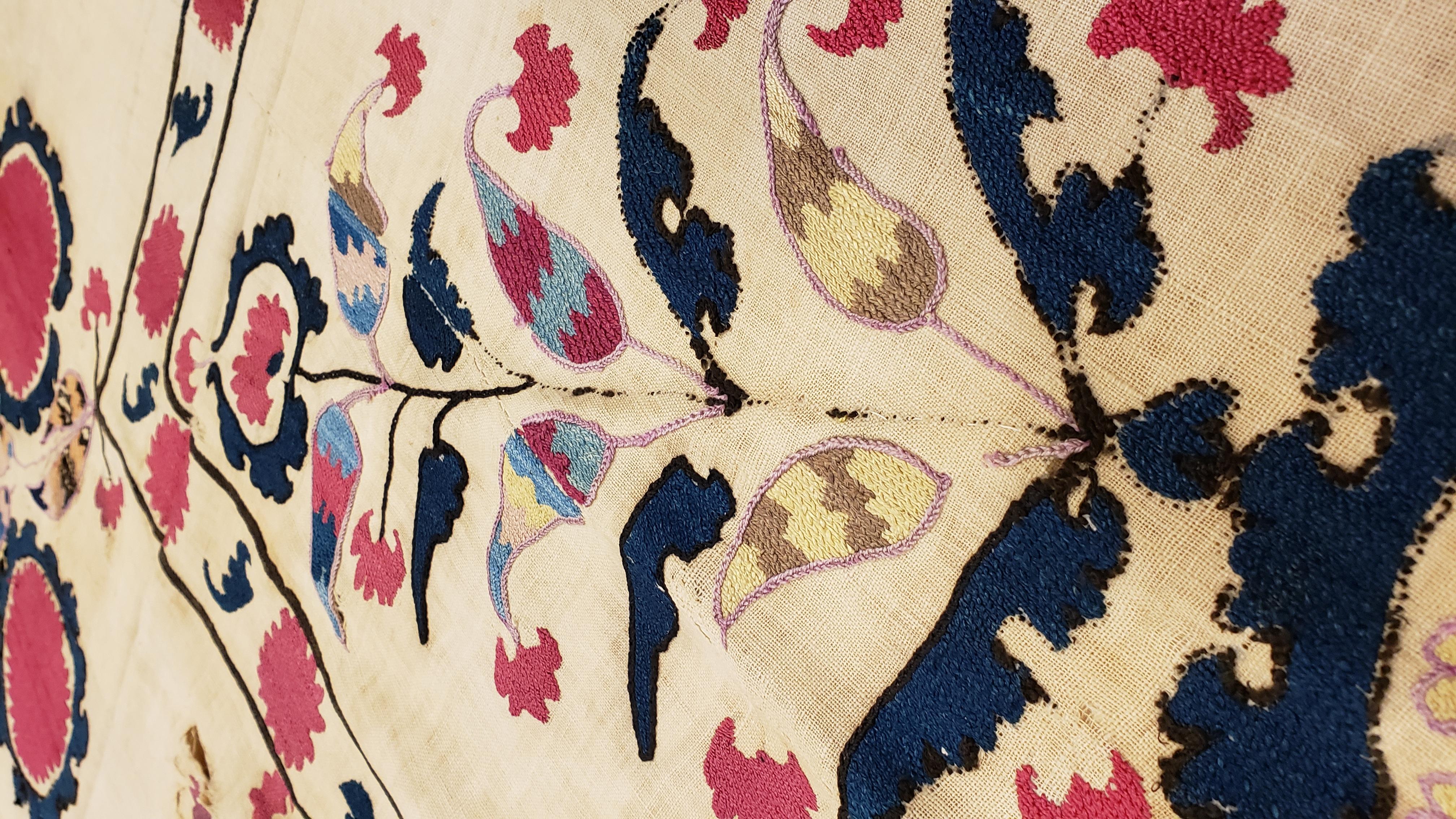 Antique Suzani Textile, Fine Uzbek, handmade rug, Tapestry, Silk Flowers 4