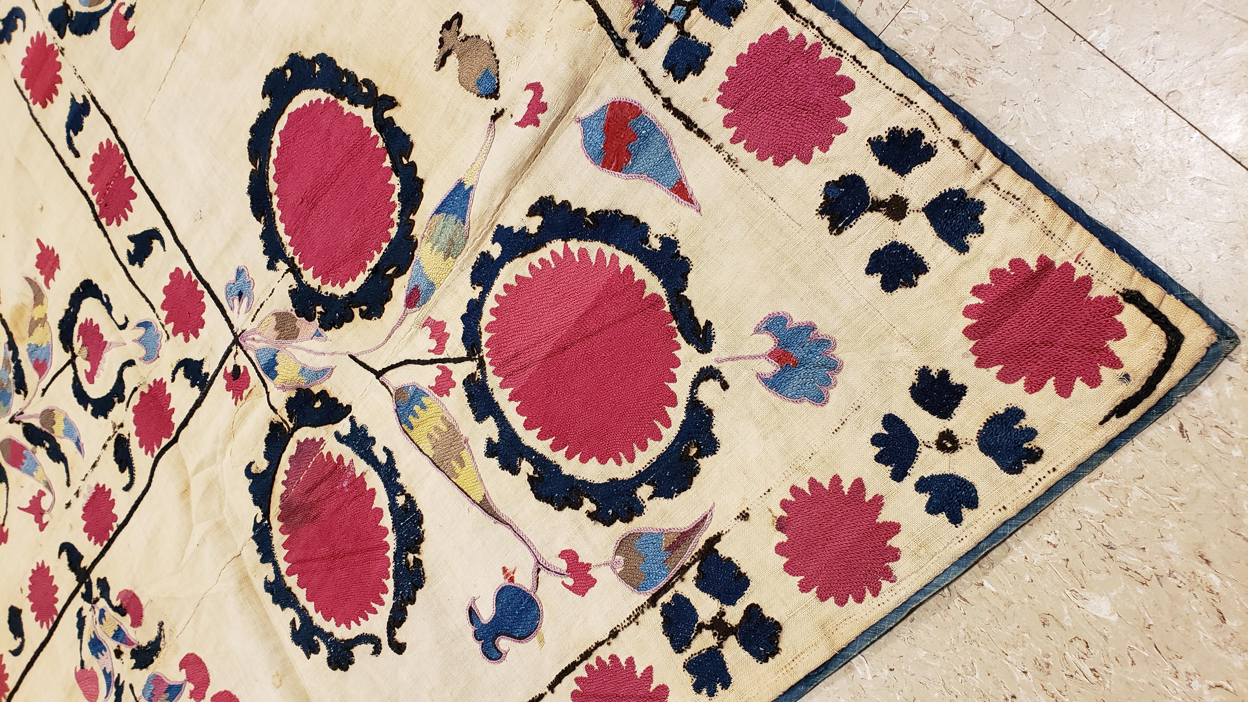 Antique Suzani Textile, Fine Uzbek, handmade rug, Tapestry, Silk Flowers 5